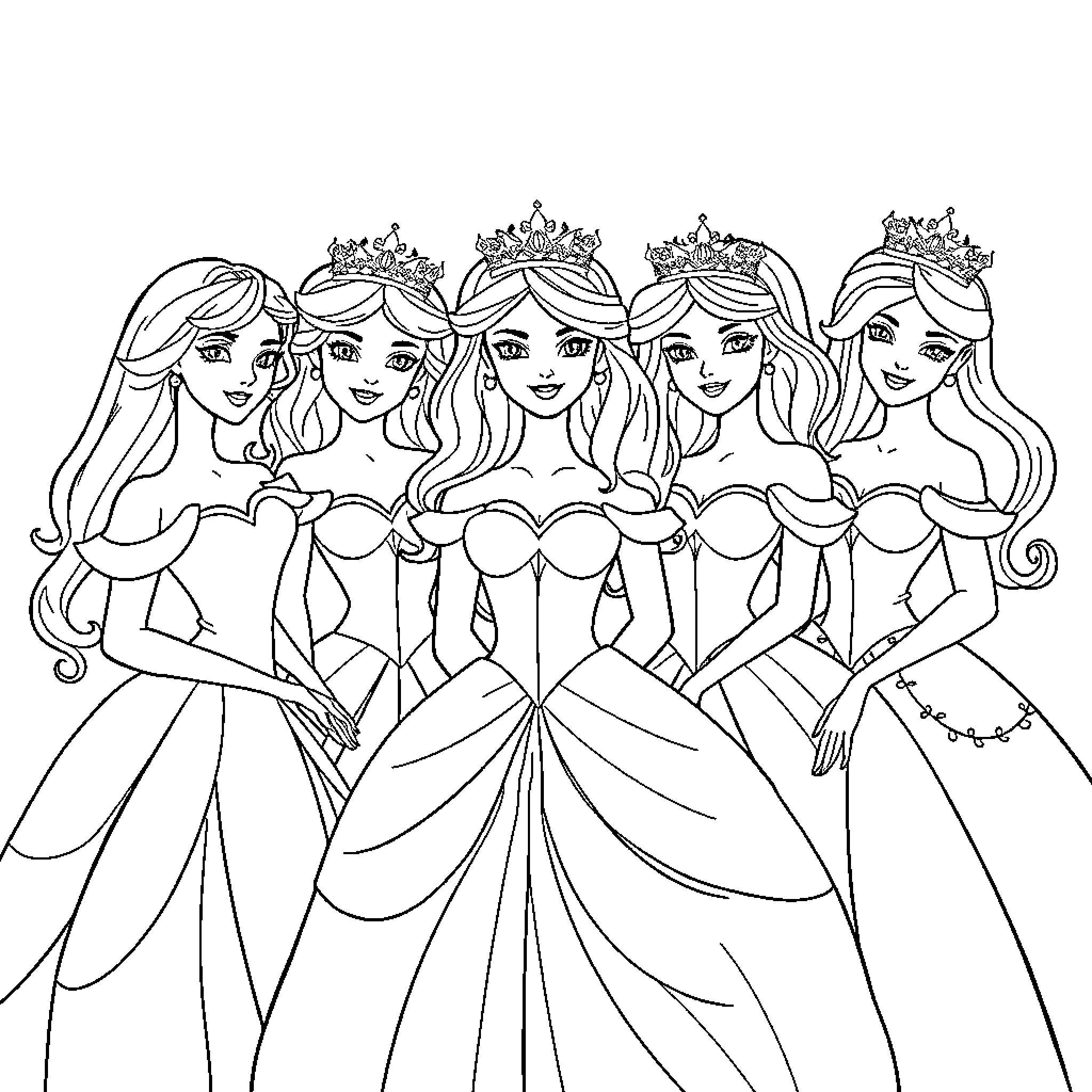 Princess Charm Posing in Elegant Gowns Coloring Page (free black-and-white line drawing printable PDF for all, from beginners to advanced learners, including children, teens, adults, and seniors)
