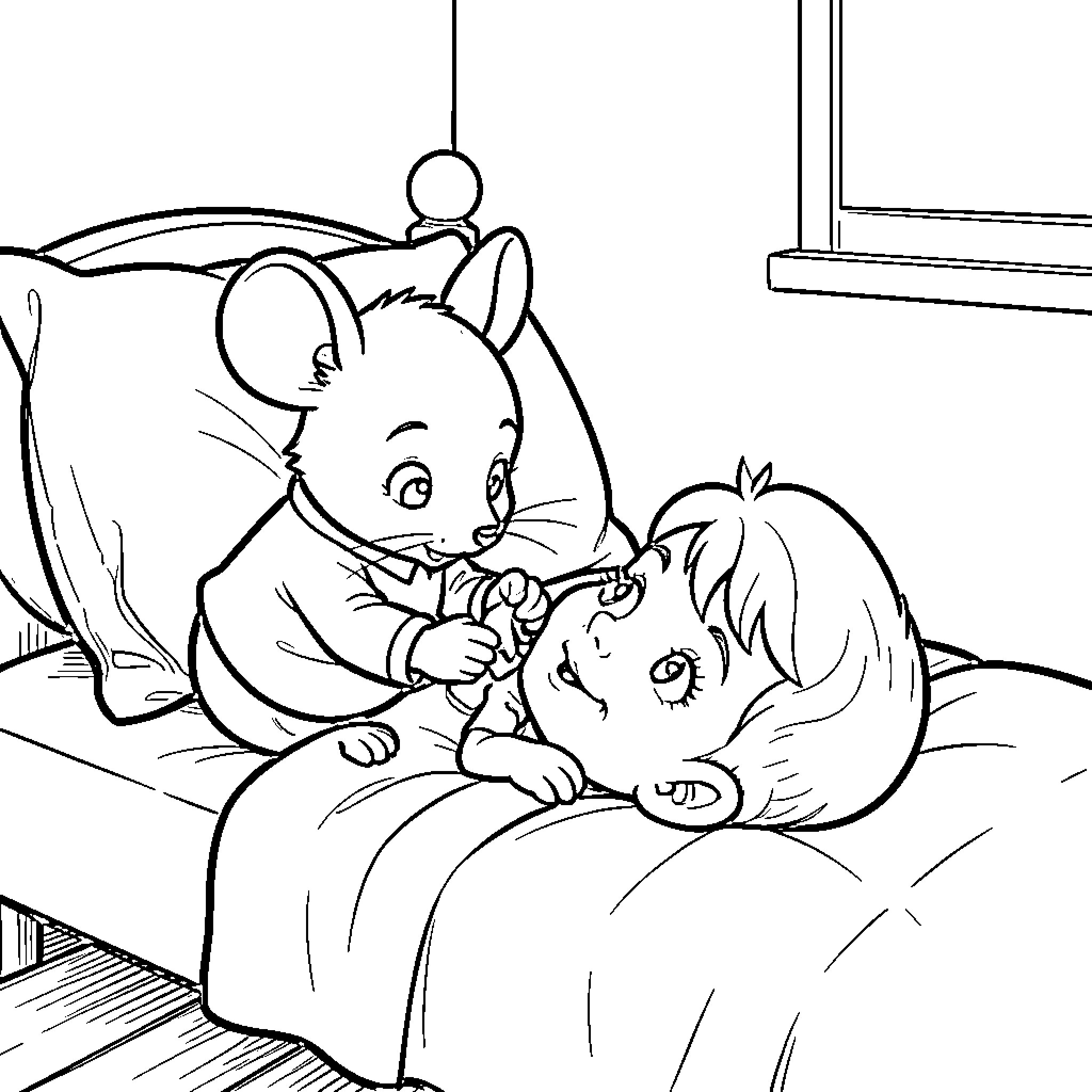 Ratoncito Pérez comforting a child in bed Coloring Page (free black-and-white line drawing printable PDF for all, from beginners to advanced learners, including children, teens, adults, and seniors)