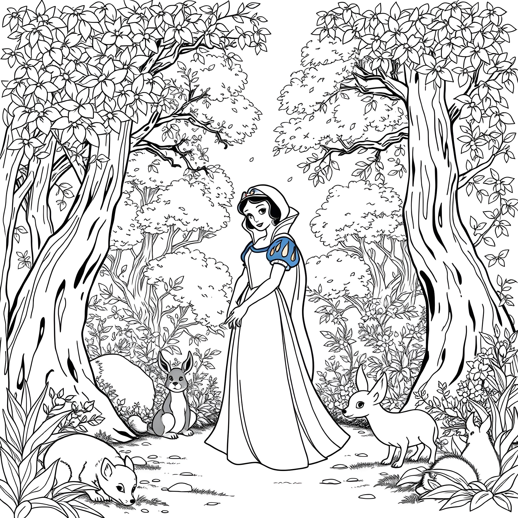 Snow White exploring the enchanted forest with forest animals Coloring Page (free black-and-white line drawing printable PDF for all, from beginners to advanced learners, including children, teens, adults, and seniors)