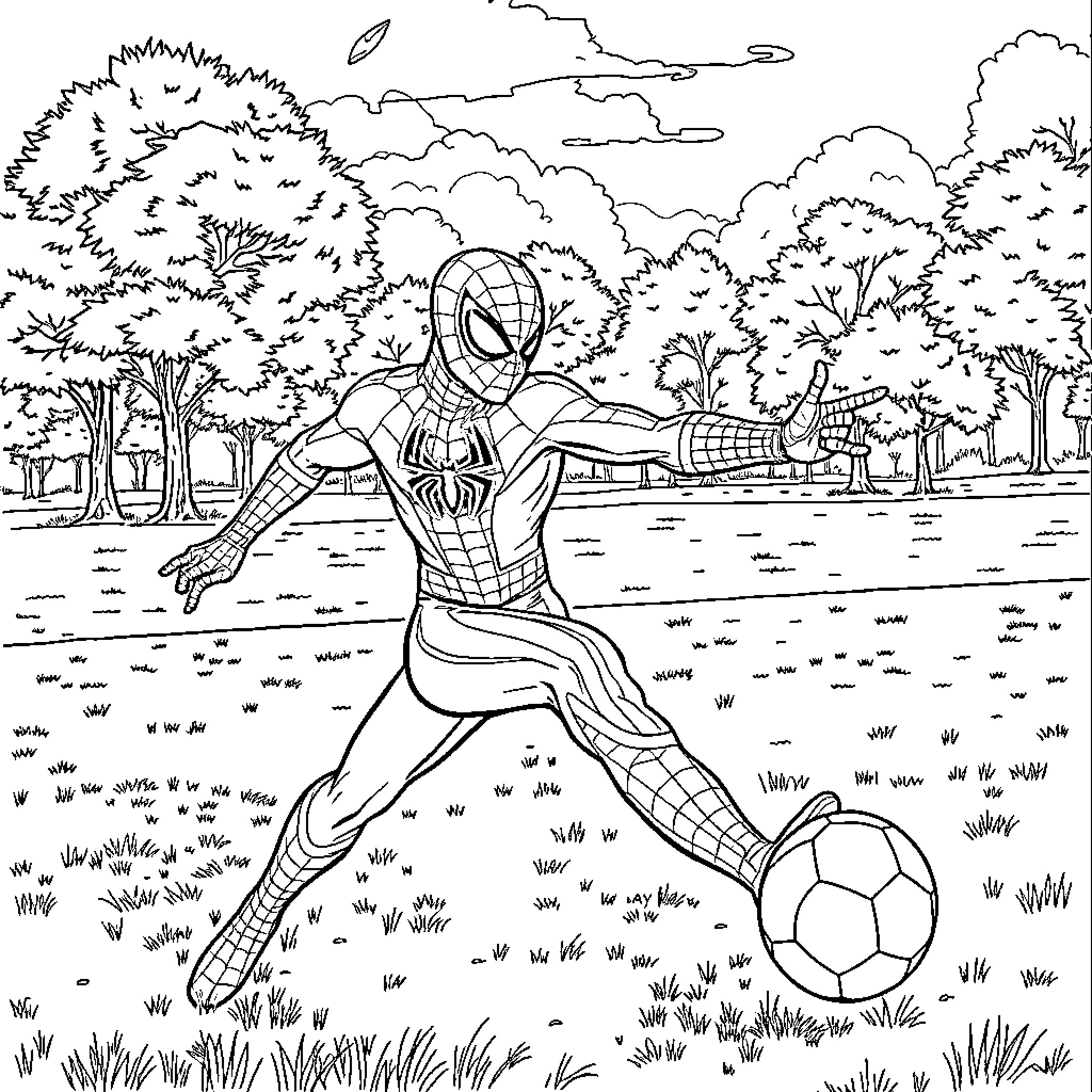 Spider-Man playing football in the park Coloring Page (free black-and-white line drawing printable PDF for all, from beginners to advanced learners, including children, teens, adults, and seniors)