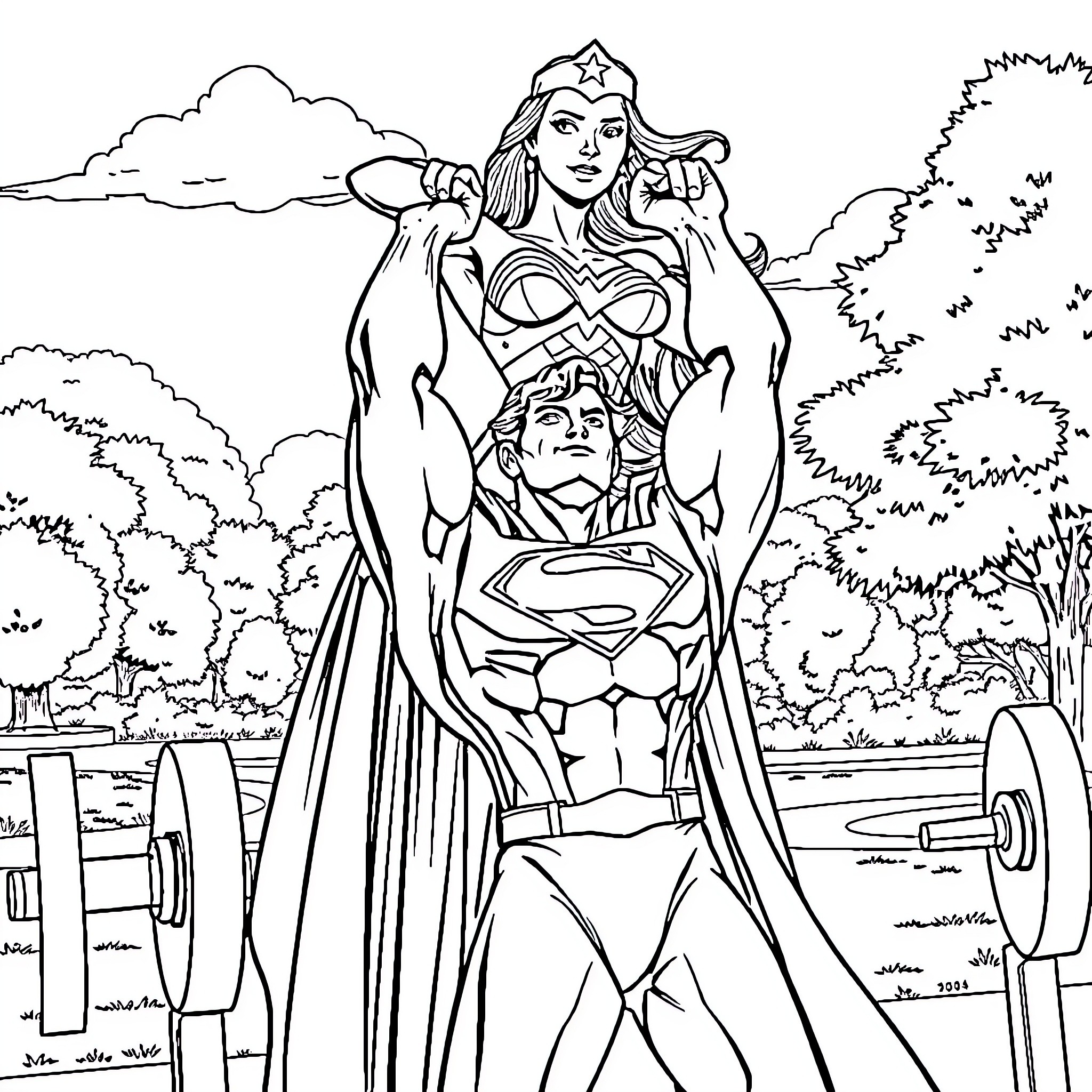 Superman and Wonder Woman in heroic action Coloring Page (free black-and-white line drawing printable PDF for all, from beginners to advanced learners, including children, teens, adults, and seniors)