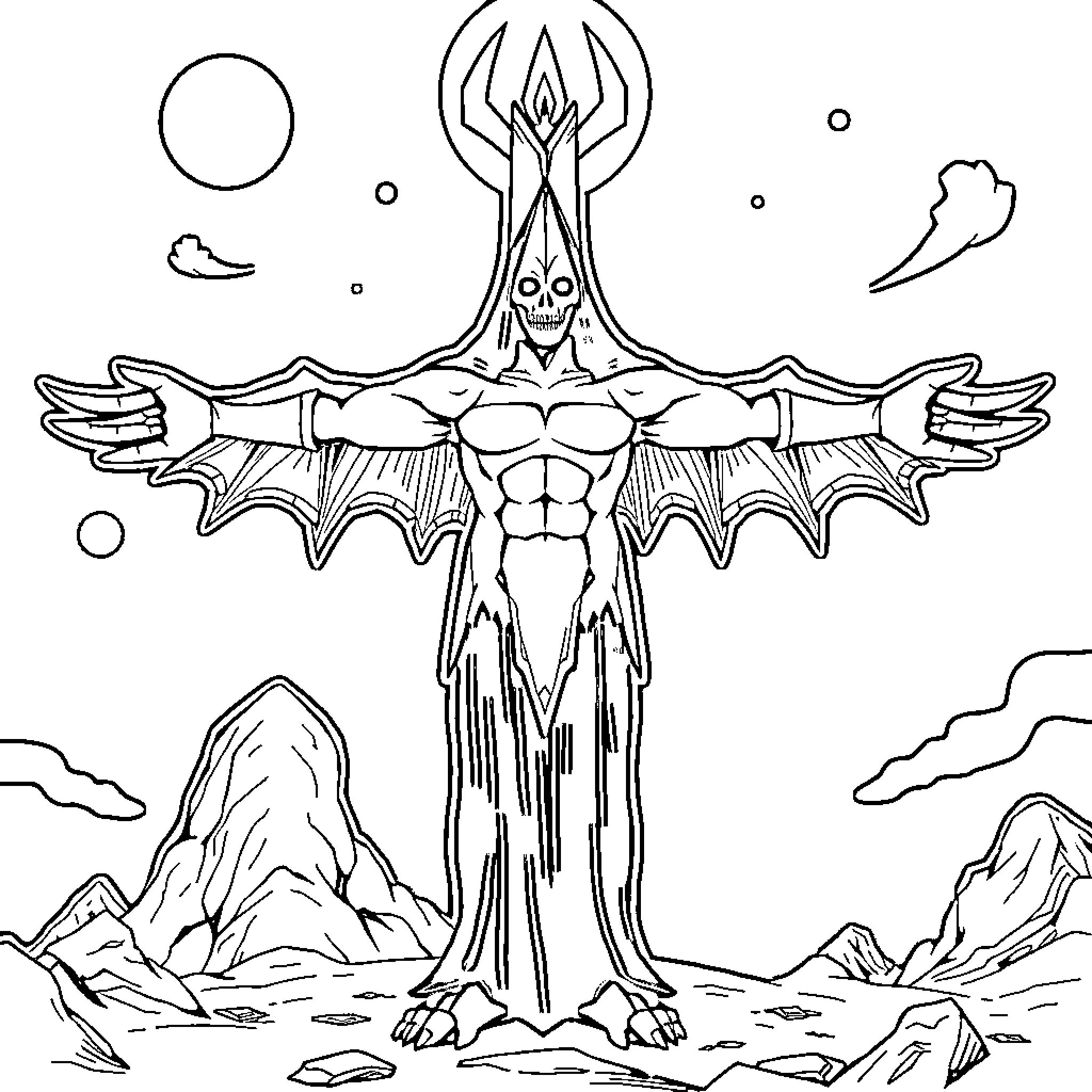Obelisco - Winged demonic figure in mystical landscape Coloring Page (free black-and-white line drawing printable PDF for all, from beginners to advanced learners, including children, teens, adults, and seniors)