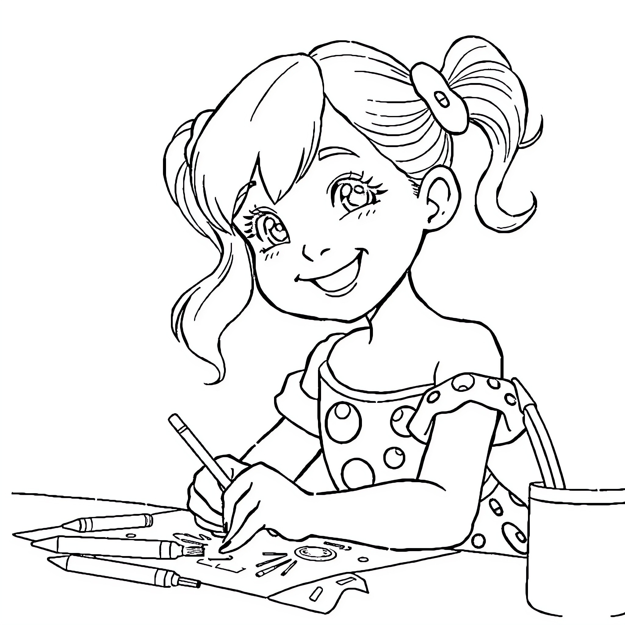 Marinette happily drawing with coloring materials Coloring Page (free black-and-white line drawing printable PDF for all, from beginners to advanced learners, including children, teens, adults, and seniors)
