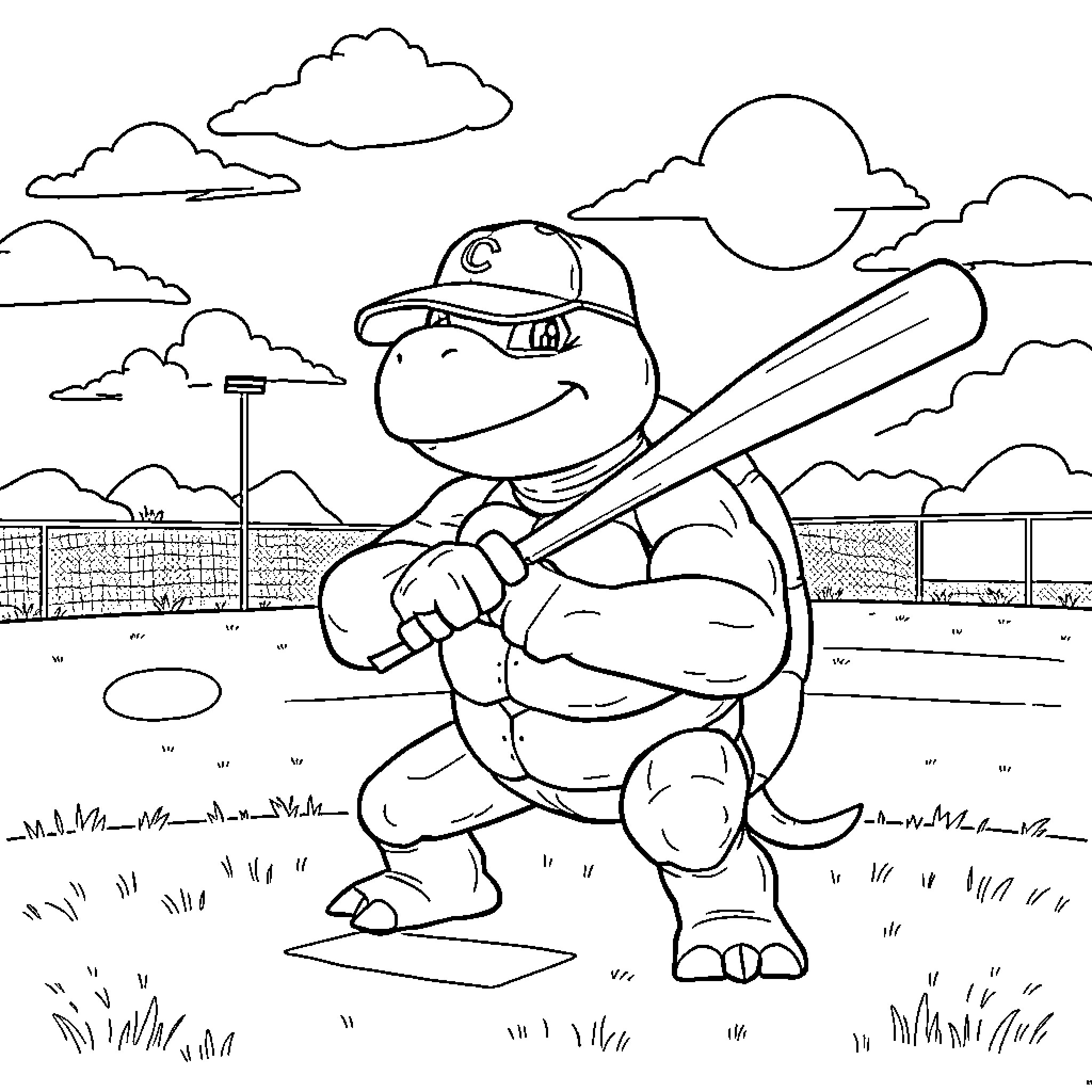 Turtle playing baseball in the field Coloring Page (free black-and-white line drawing printable PDF for all, from beginners to advanced learners, including children, teens, adults, and seniors)