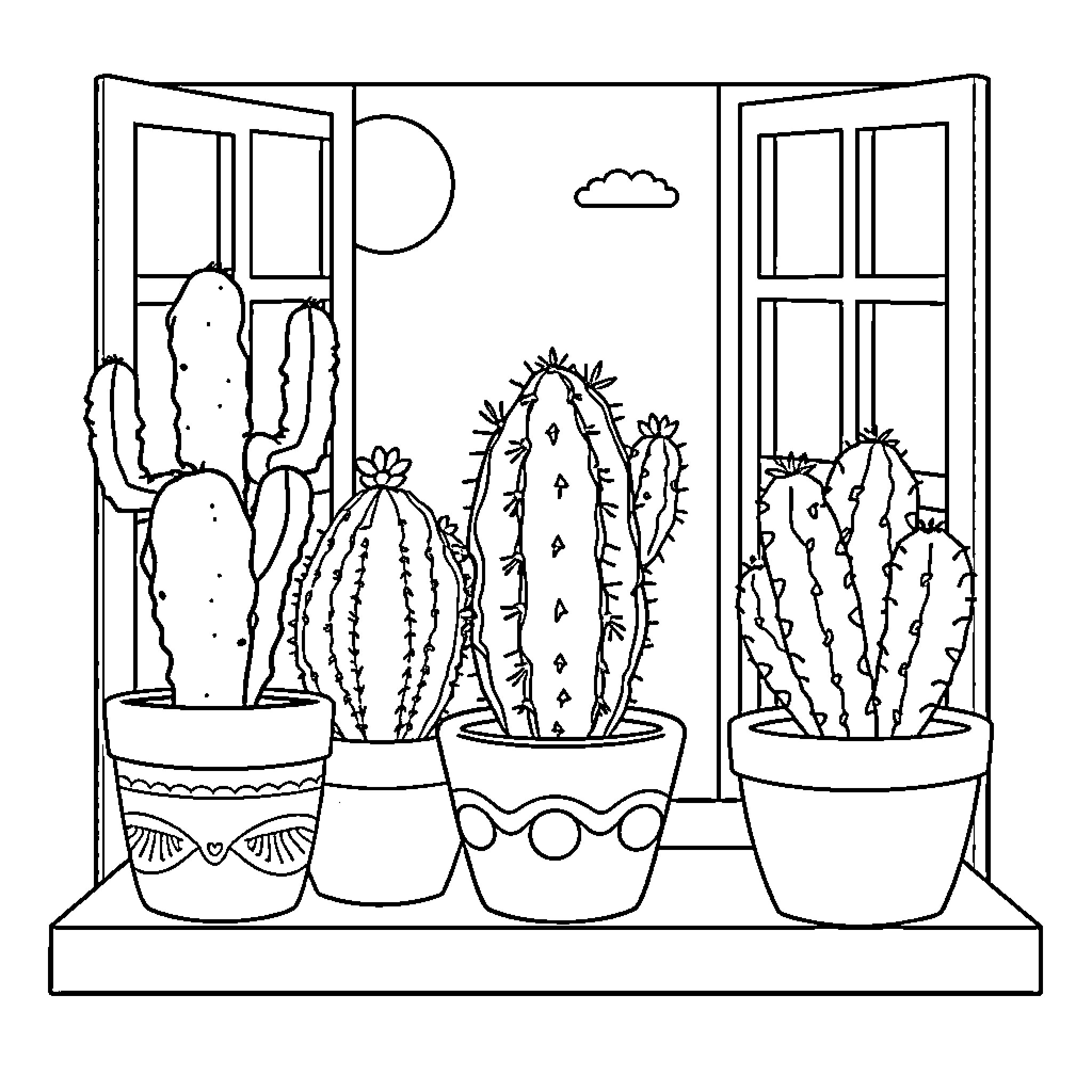 Cactus plants in decorative pots on windowsill Coloring Page (free black-and-white line drawing printable PDF for all, from beginners to advanced learners, including children, teens, adults, and seniors)
