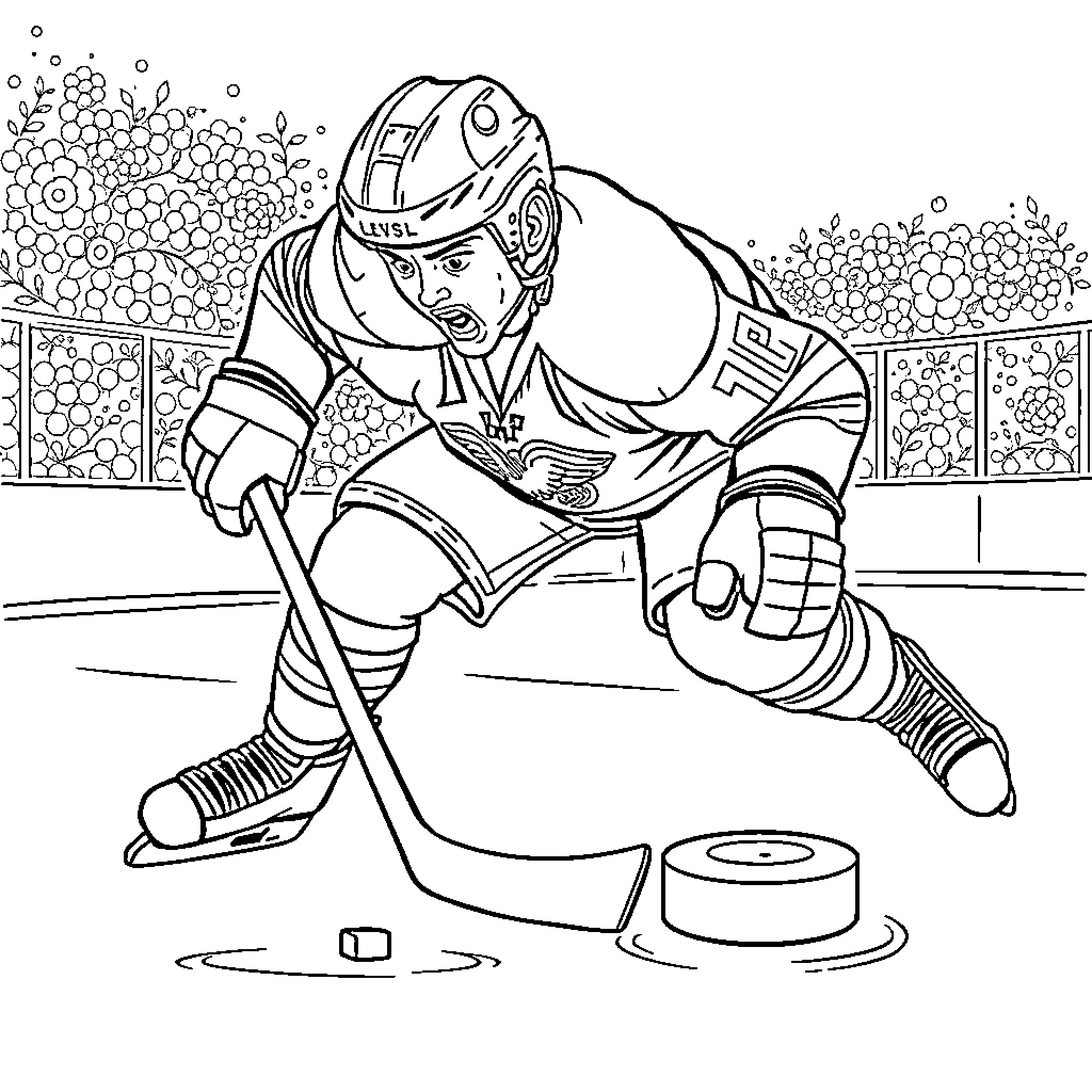Hockey Player on the Ice Rink Coloring Page (free black-and-white line drawing printable PDF for all, from beginners to advanced learners, including children, teens, adults, and seniors)