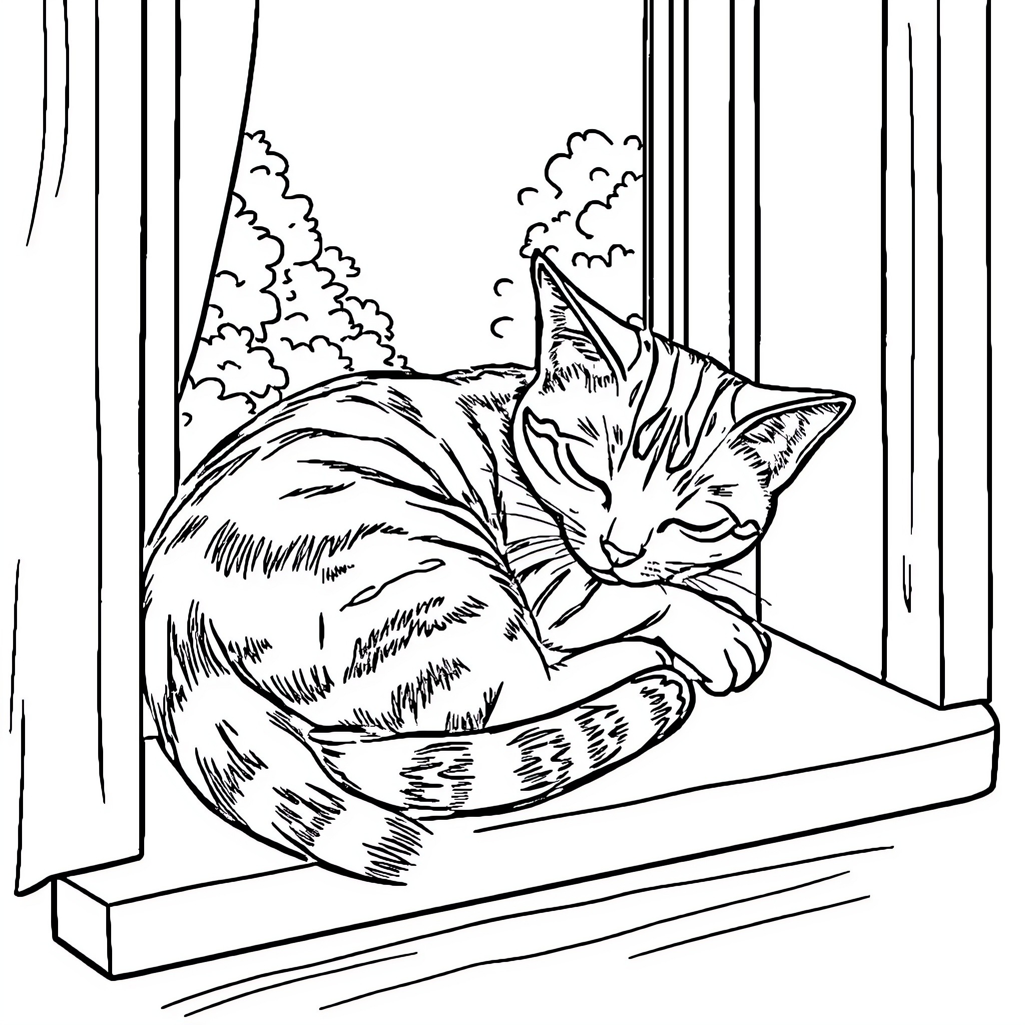 Cat sleeping peacefully by the window Coloring Page (free black-and-white line drawing printable PDF for all, from beginners to advanced learners, including children, teens, adults, and seniors)