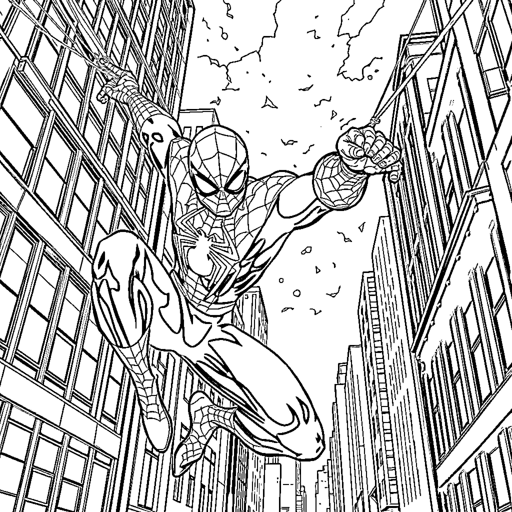 Spiderman swinging through the city Coloring Page (free black-and-white line drawing printable PDF for all, from beginners to advanced learners, including children, teens, adults, and seniors)