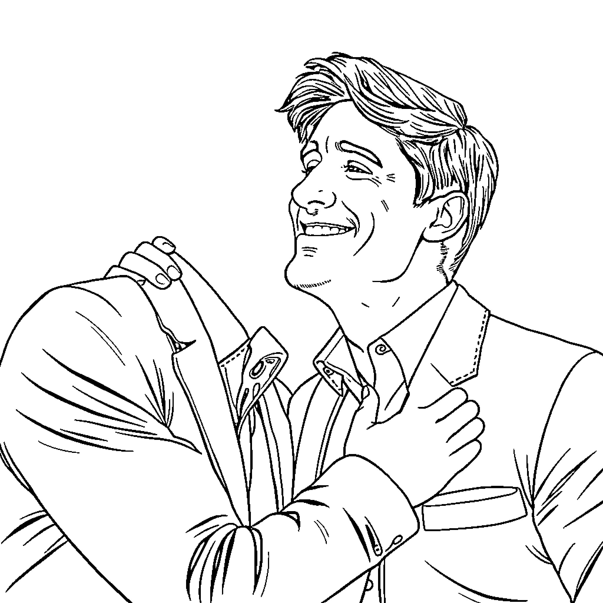 Justin Trudeau smiling and gesturing in a suit Coloring Page (free black-and-white line drawing printable PDF for all, from beginners to advanced learners, including children, teens, adults, and seniors)