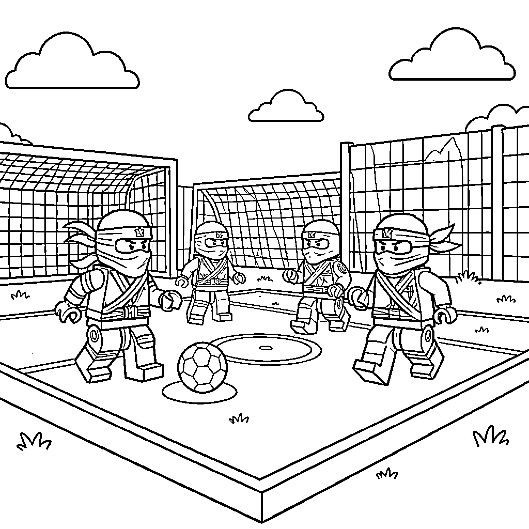 Lego Ninjago characters playing a soccer match Coloring Page (free black-and-white line drawing printable PDF for all, from beginners to advanced learners, including children, teens, adults, and seniors)