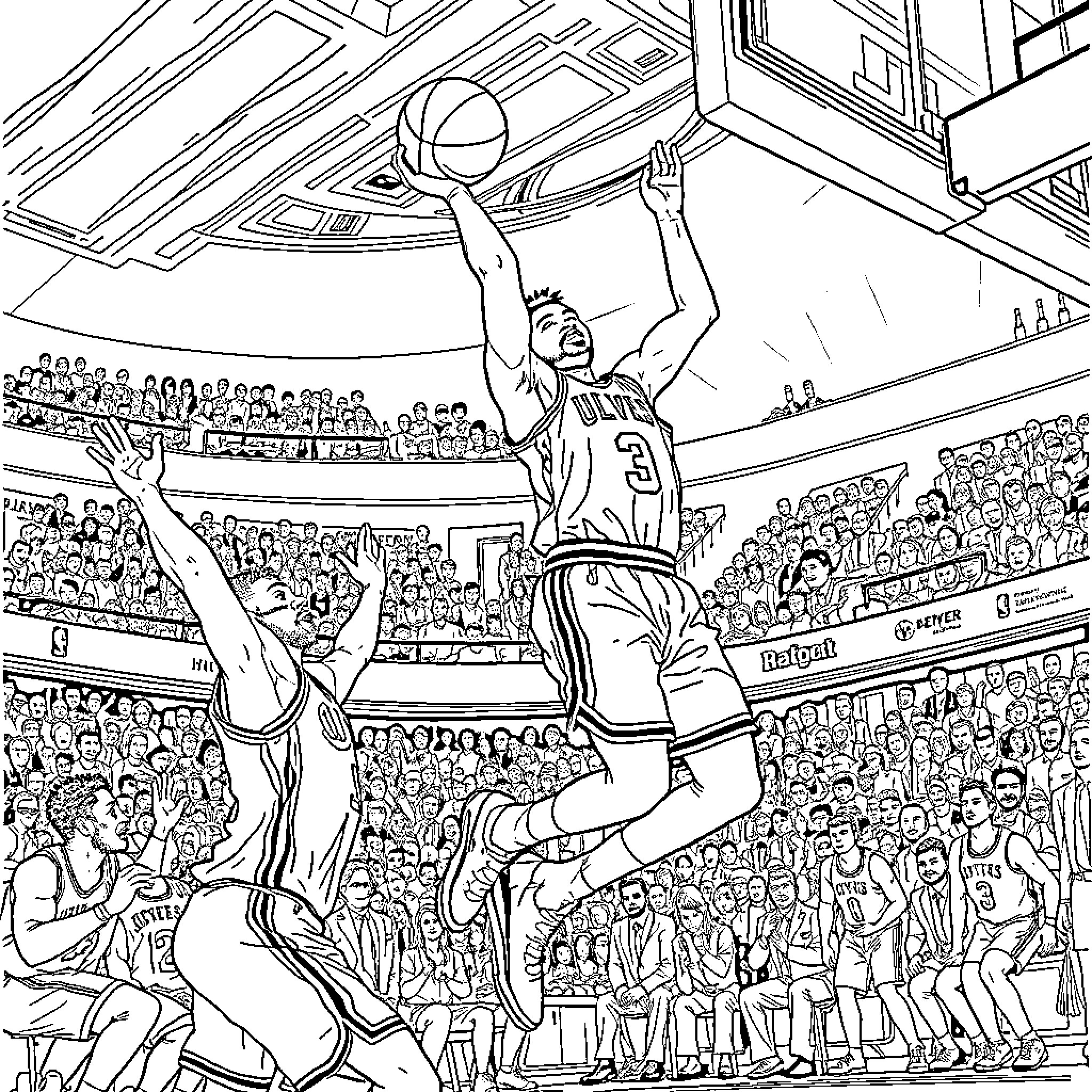 Kyrie Irving Basketball Dunk in Packed Arena Coloring Page (free black-and-white line drawing printable PDF for all, from beginners to advanced learners, including children, teens, adults, and seniors)