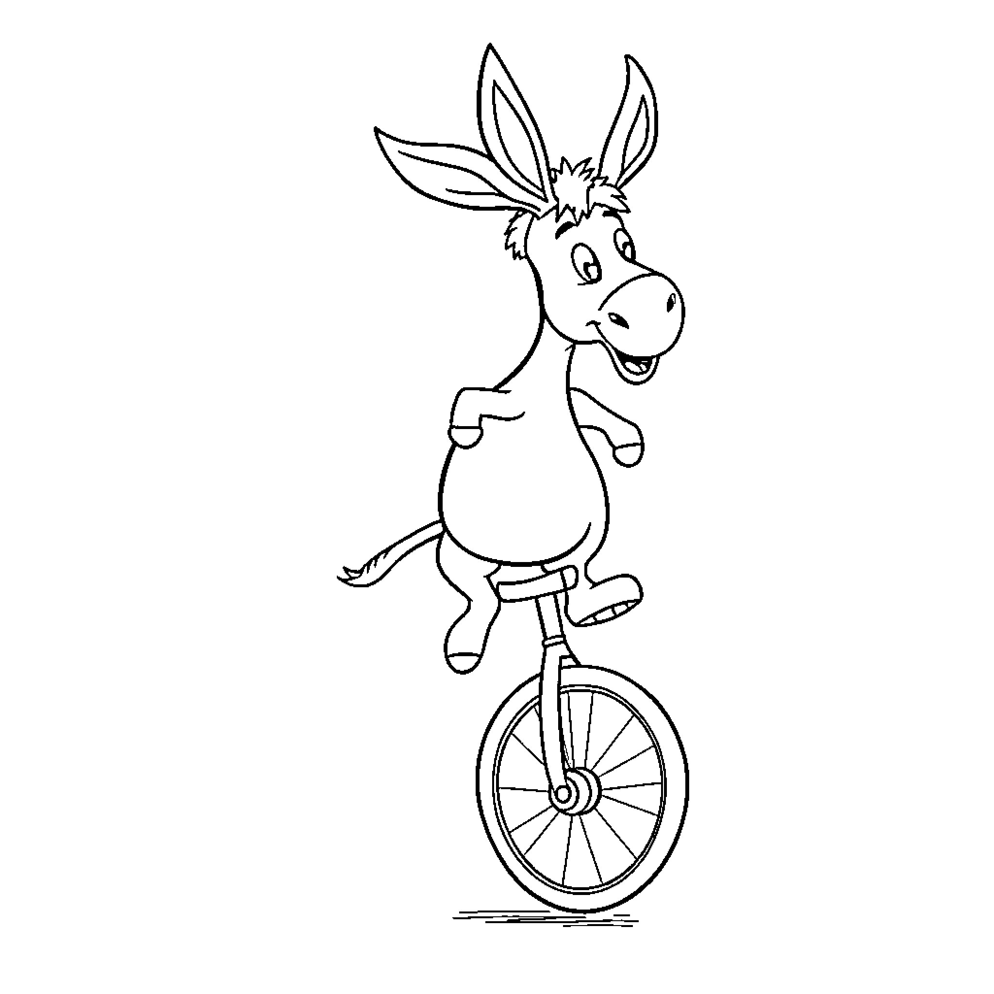 Donkey riding unicycle with a happy expression Coloring Page (free black-and-white line drawing printable PDF for all, from beginners to advanced learners, including children, teens, adults, and seniors)