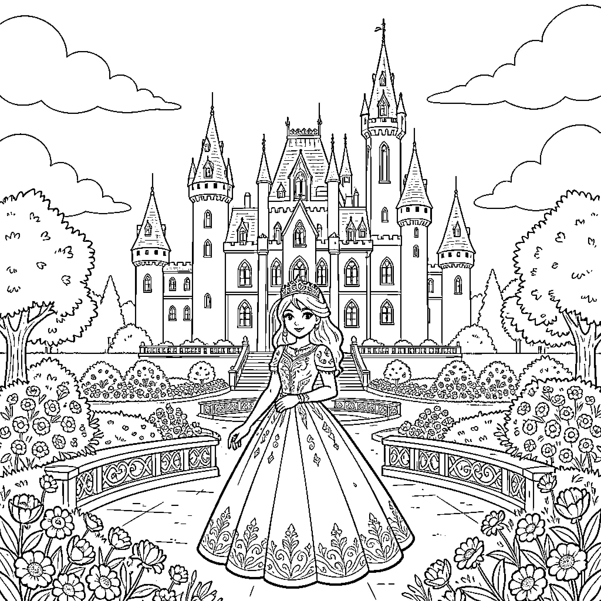 Princess standing gracefully in front of a majestic castle Coloring Page (free black-and-white line drawing printable PDF for all, from beginners to advanced learners, including children, teens, adults, and seniors)