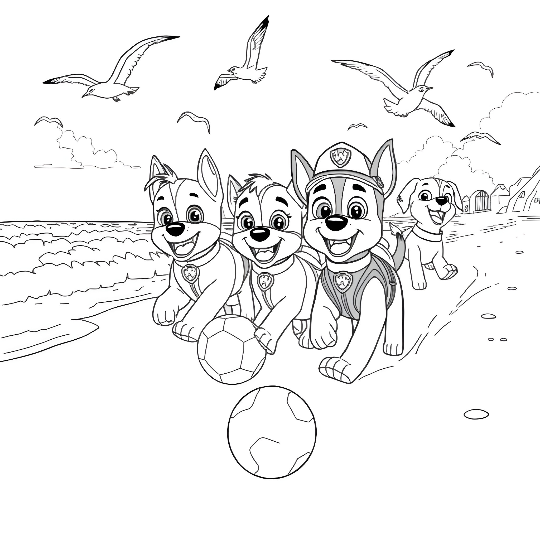 Paw Patrol Pups Playing on the Beach Coloring Page (free black-and-white line drawing printable PDF for all, from beginners to advanced learners, including children, teens, adults, and seniors)