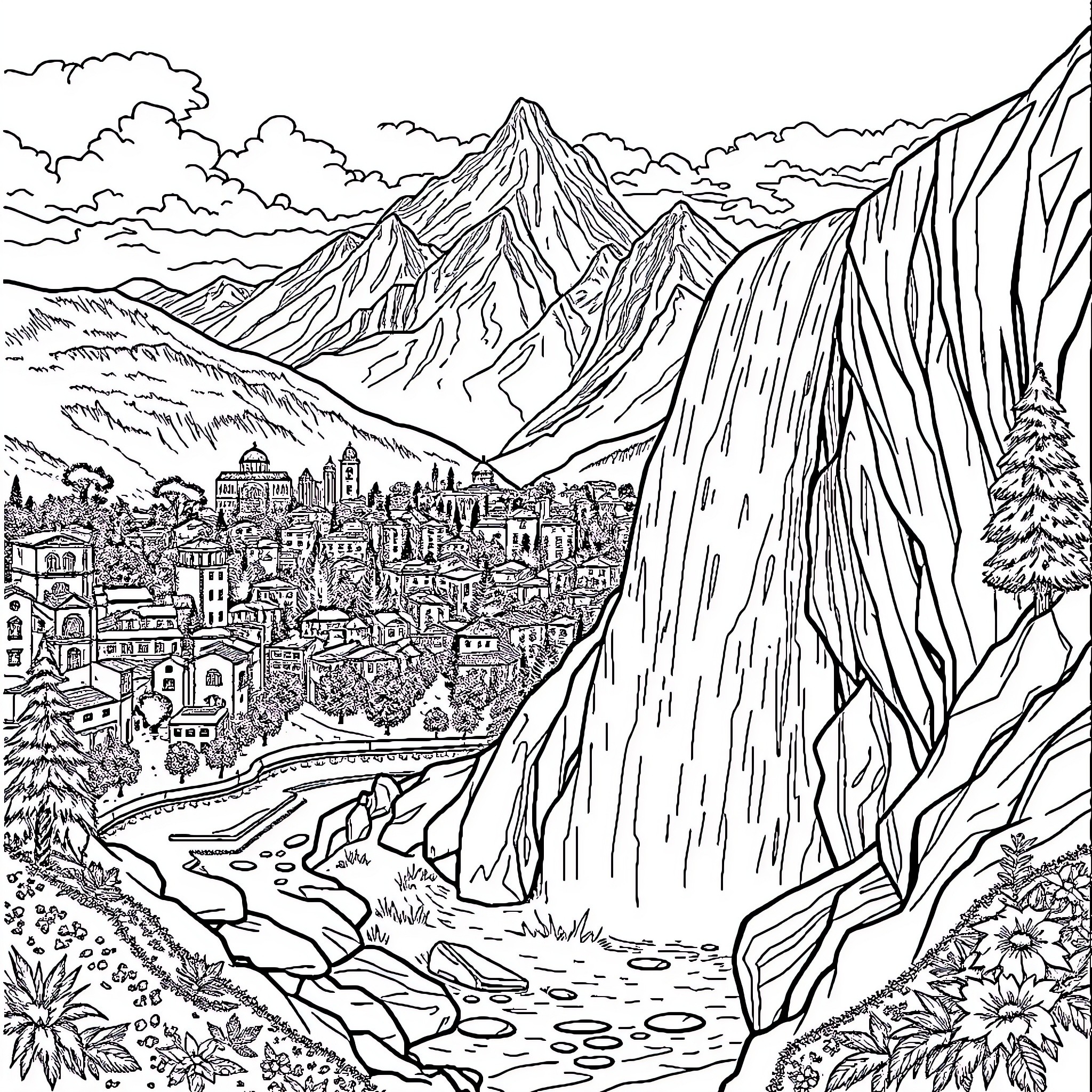 City of mountains and nature in the landscape Coloring Page (free black-and-white line drawing printable PDF for all, from beginners to advanced learners, including children, teens, adults, and seniors)