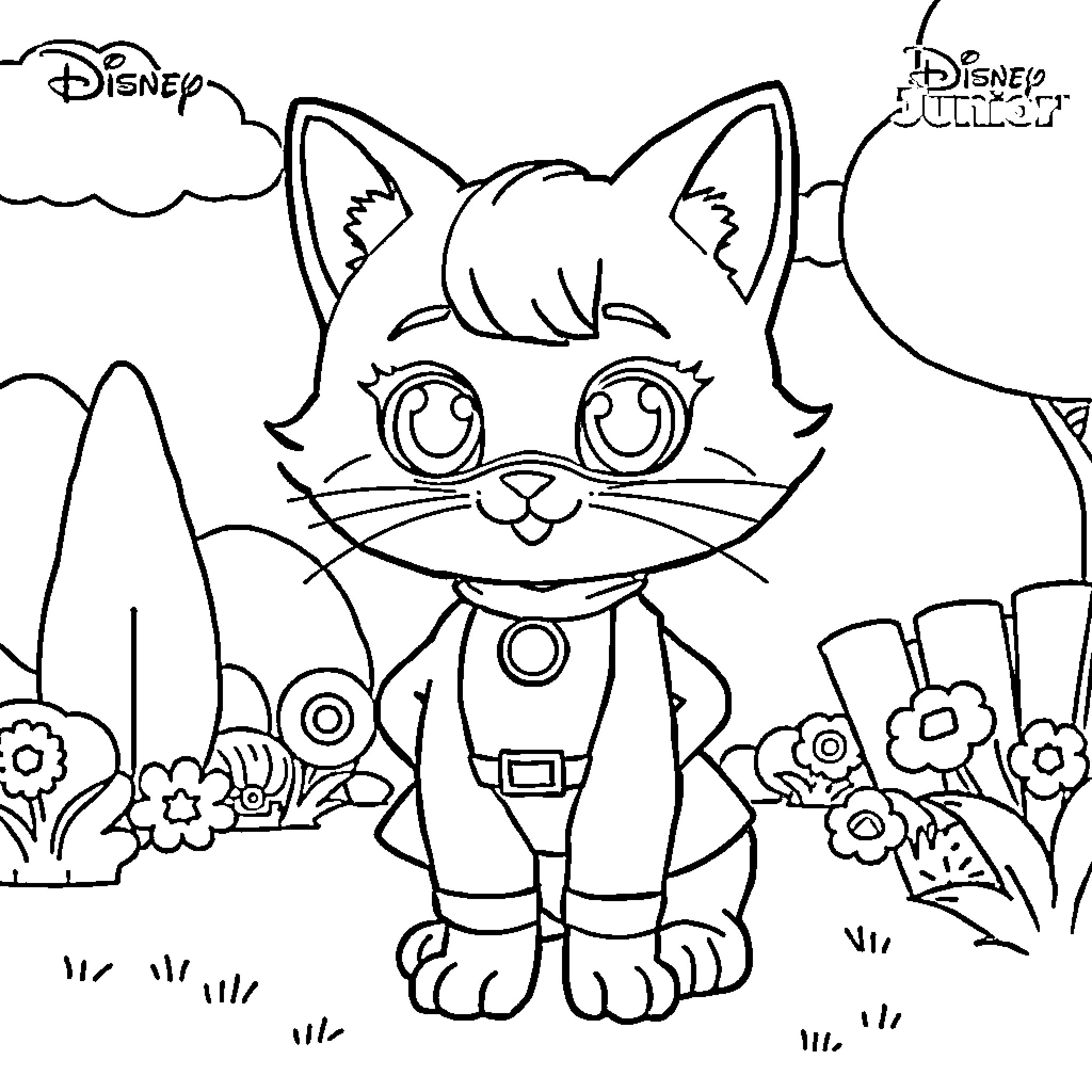 Ginny's Happy Adventure in the Garden Coloring Page (free black-and-white line drawing printable PDF for all, from beginners to advanced learners, including children, teens, adults, and seniors)