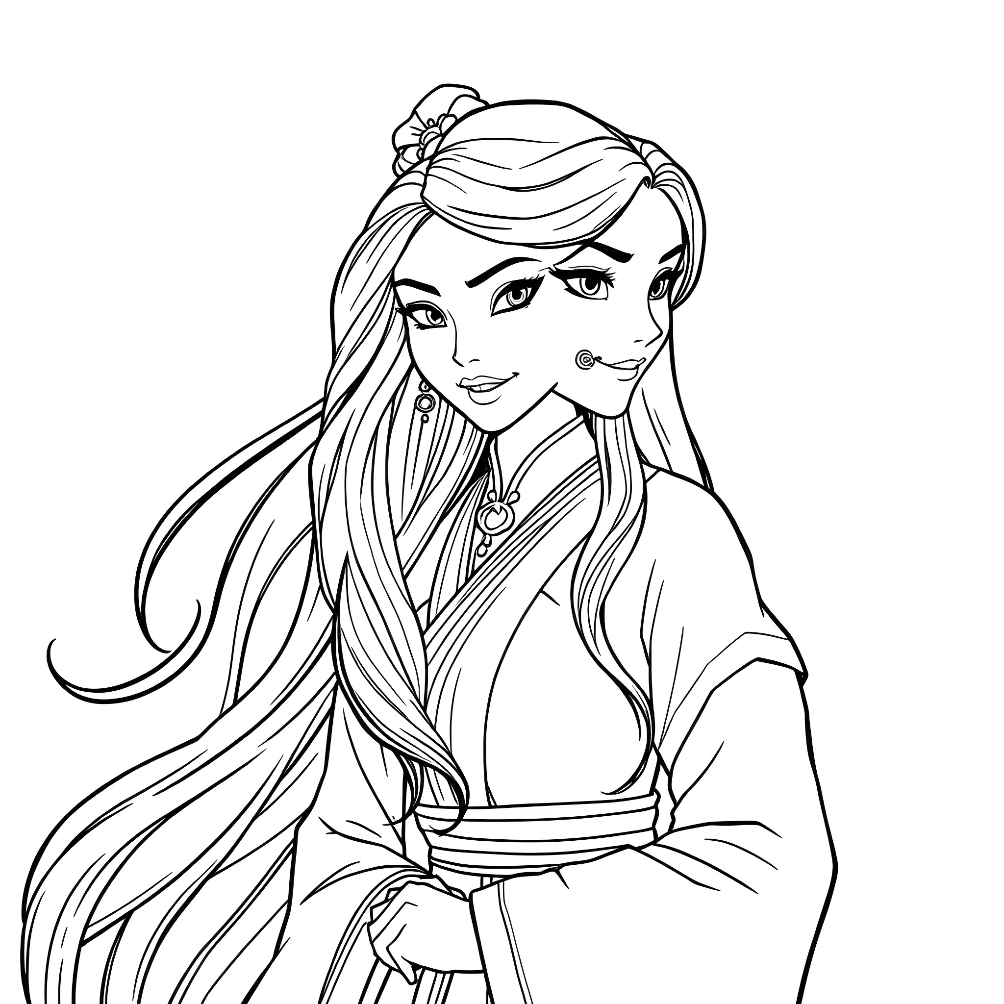 Mulan in Warrior Outfit with Determined Expression Coloring Page (free black-and-white line drawing printable PDF for all, from beginners to advanced learners, including children, teens, adults, and seniors)