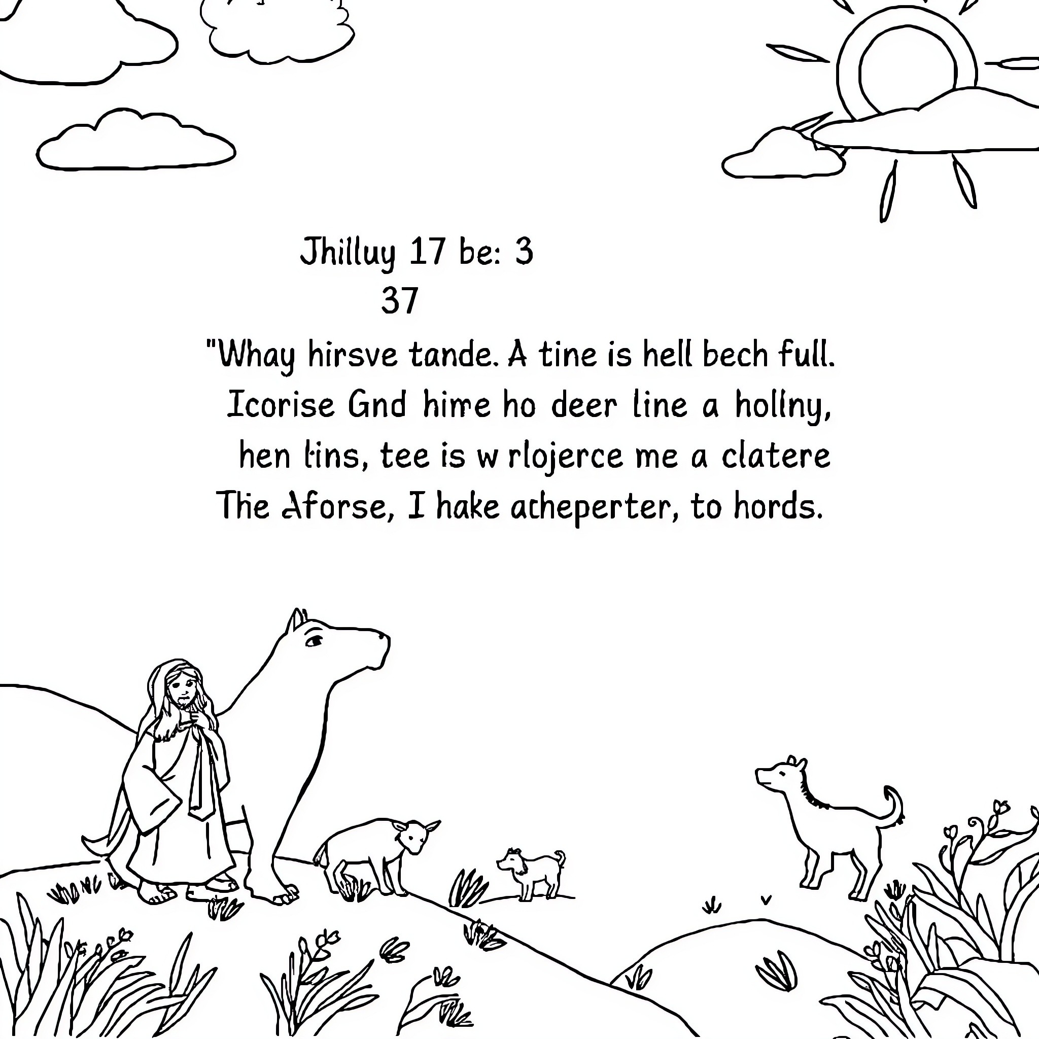 Bible scene with landscape and animals Coloring Page (free black-and-white line drawing printable PDF for all, from beginners to advanced learners, including children, teens, adults, and seniors)