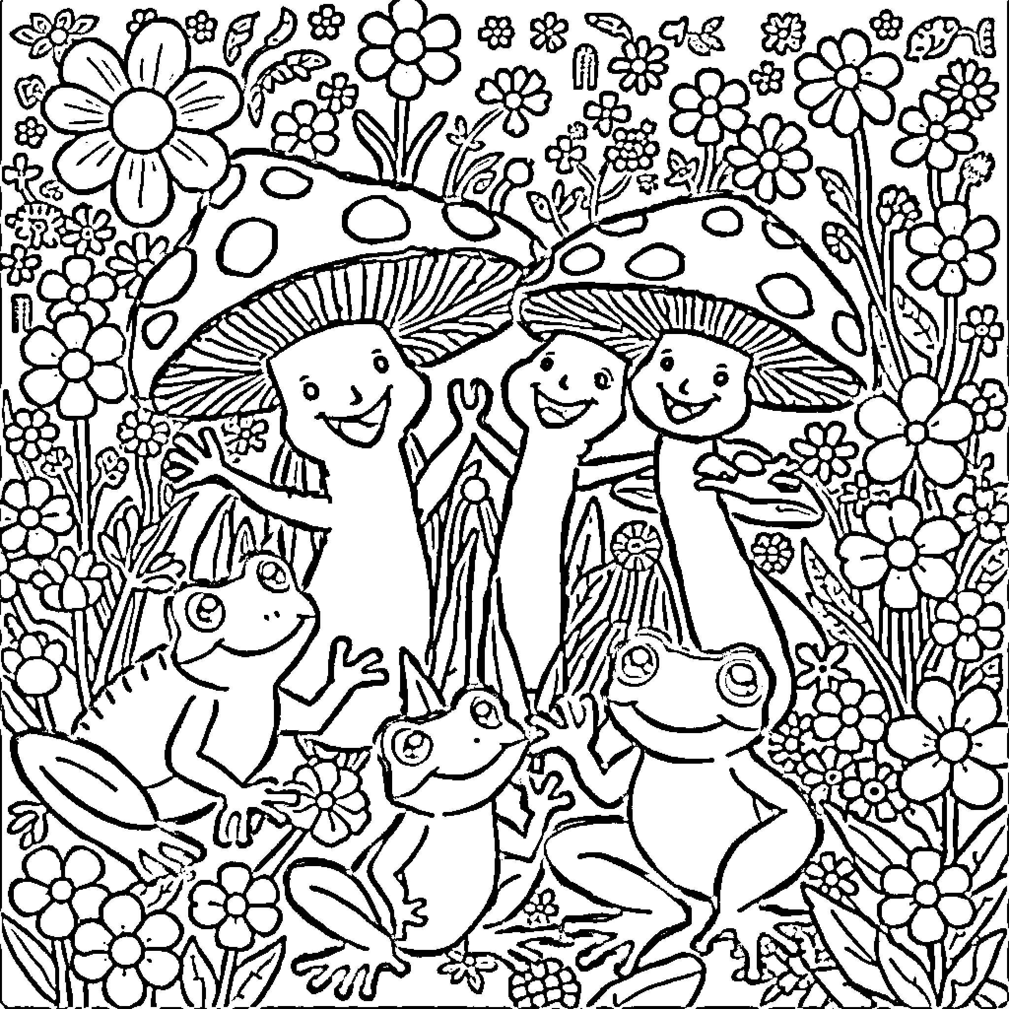 Mushroom family surrounded by cheerful flowers Coloring Page (free black-and-white line drawing printable PDF for all, from beginners to advanced learners, including children, teens, adults, and seniors)