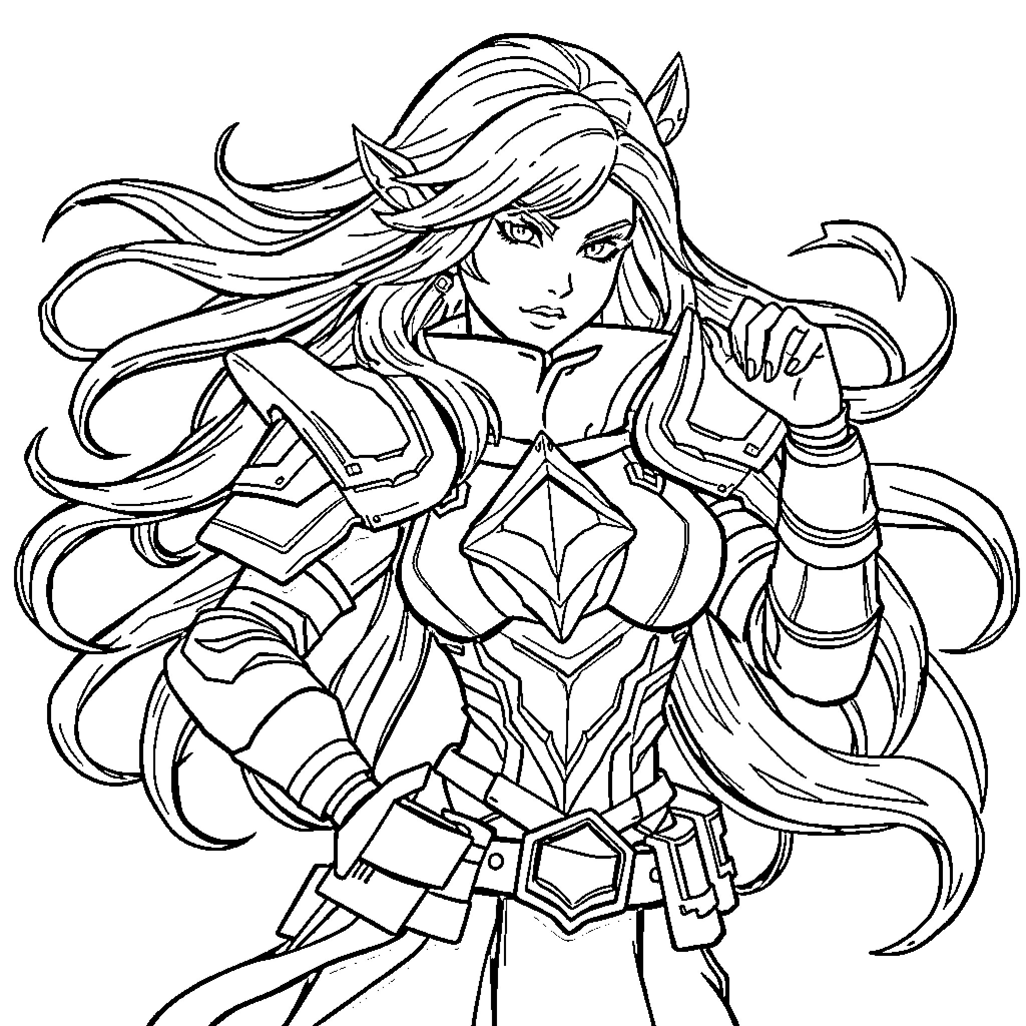 Benedetta in Fierce Warrior Attire Coloring Page (free black-and-white line drawing printable PDF for all, from beginners to advanced learners, including children, teens, adults, and seniors)