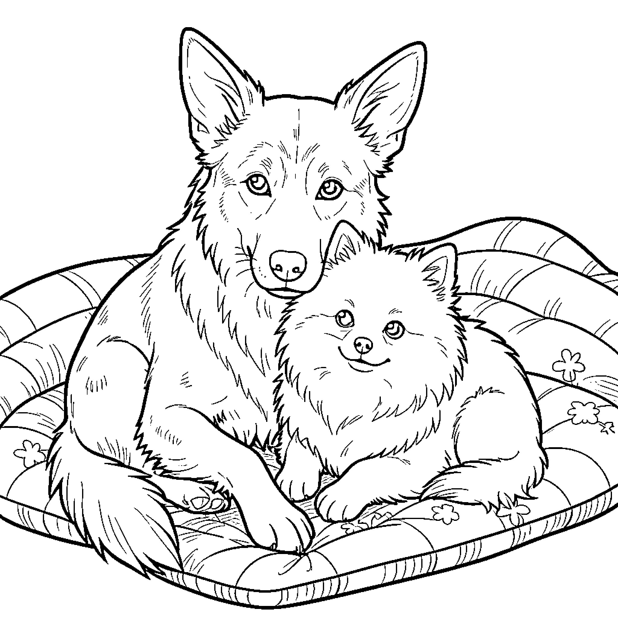 Dog and puppy relaxing in cozy bedding Coloring Page (free black-and-white line drawing printable PDF for all, from beginners to advanced learners, including children, teens, adults, and seniors)