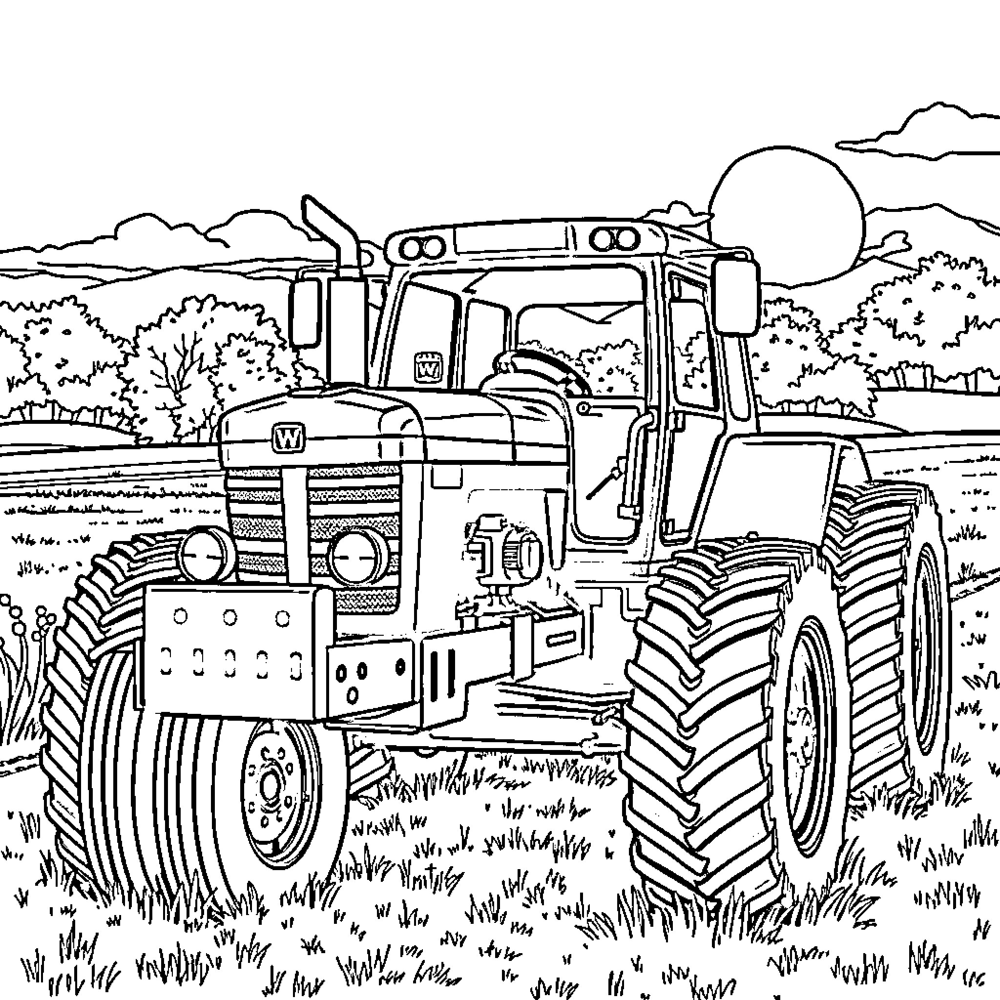 Tractor plowing through farmland in rural landscape Coloring Page (free black-and-white line drawing printable PDF for all, from beginners to advanced learners, including children, teens, adults, and seniors)