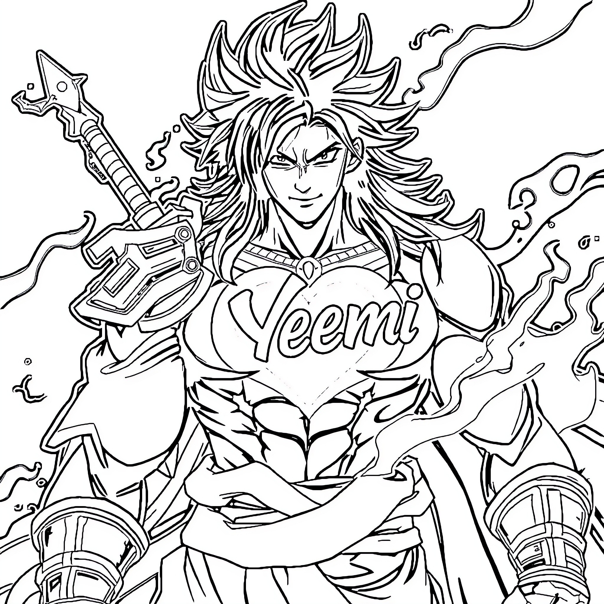 Asta wielding a mighty sword in an epic pose Coloring Page (free black-and-white line drawing printable PDF for all, from beginners to advanced learners, including children, teens, adults, and seniors)