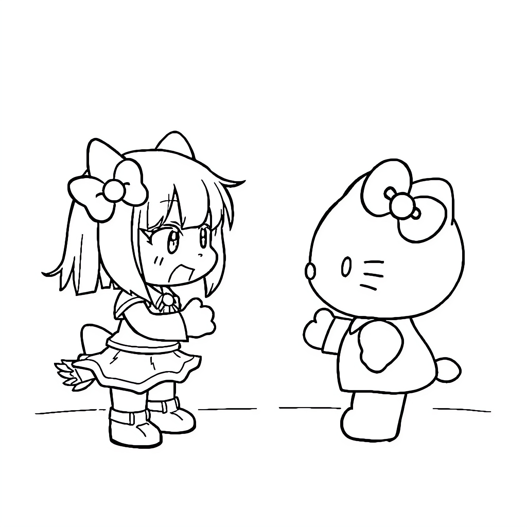 Kuromi and Hello Kitty in playful poses Coloring Page (free black-and-white line drawing printable PDF for all, from beginners to advanced learners, including children, teens, adults, and seniors)