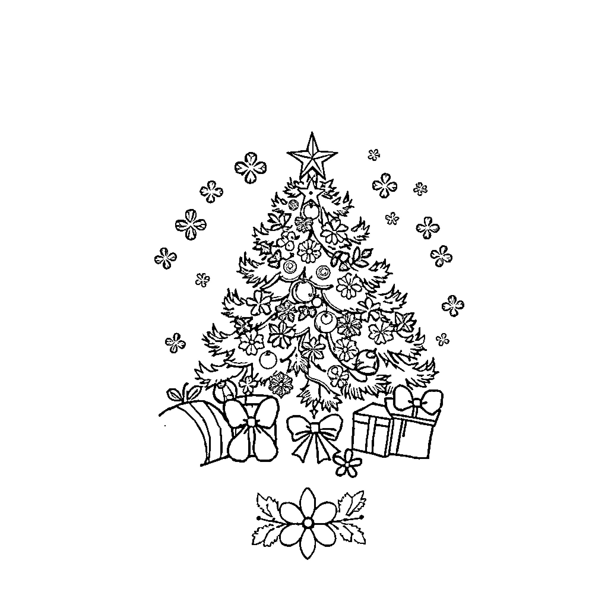 Santam Christmas Tree Decorated with Ornaments Coloring Page (free black-and-white line drawing printable PDF for all, from beginners to advanced learners, including children, teens, adults, and seniors)