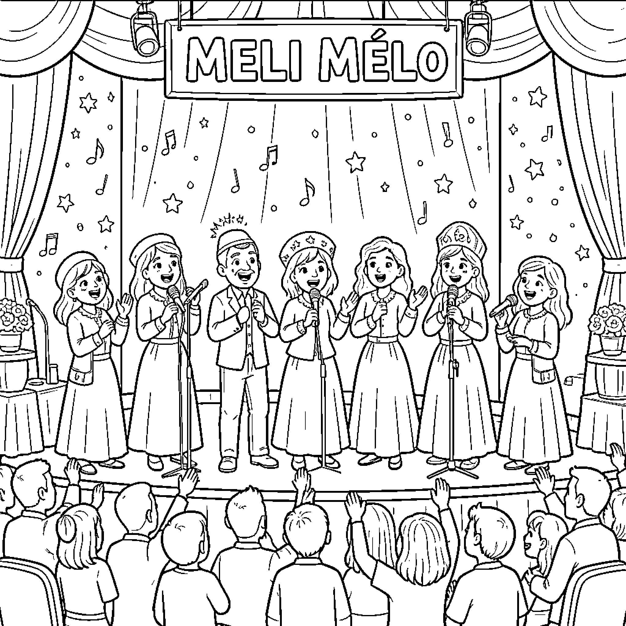 Chorale performing songs on stage for an audience Coloring Page (free black-and-white line drawing printable PDF for all, from beginners to advanced learners, including children, teens, adults, and seniors)