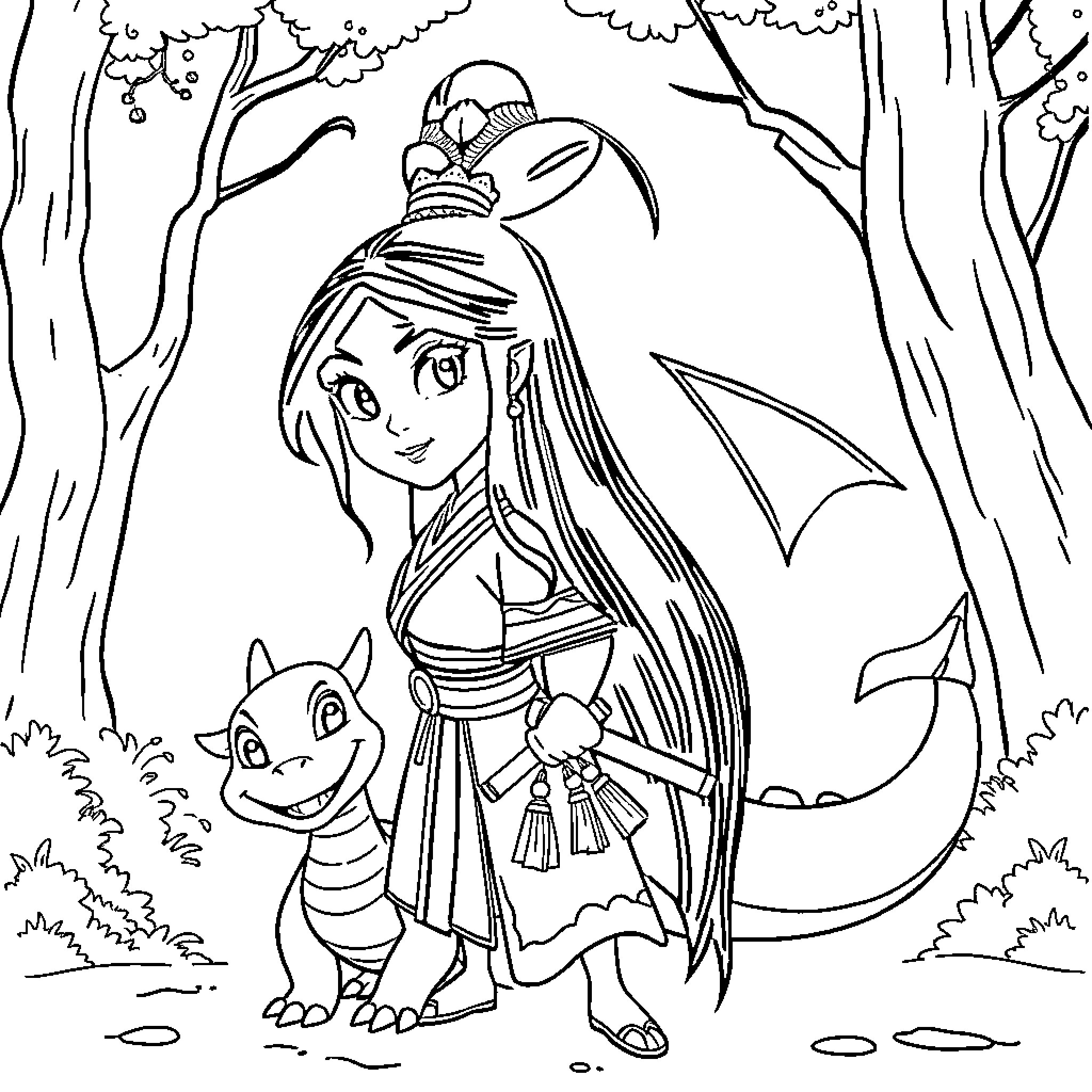 Mulan's Adventure in the Enchanted Forest Coloring Page (free black-and-white line drawing printable PDF for all, from beginners to advanced learners, including children, teens, adults, and seniors)