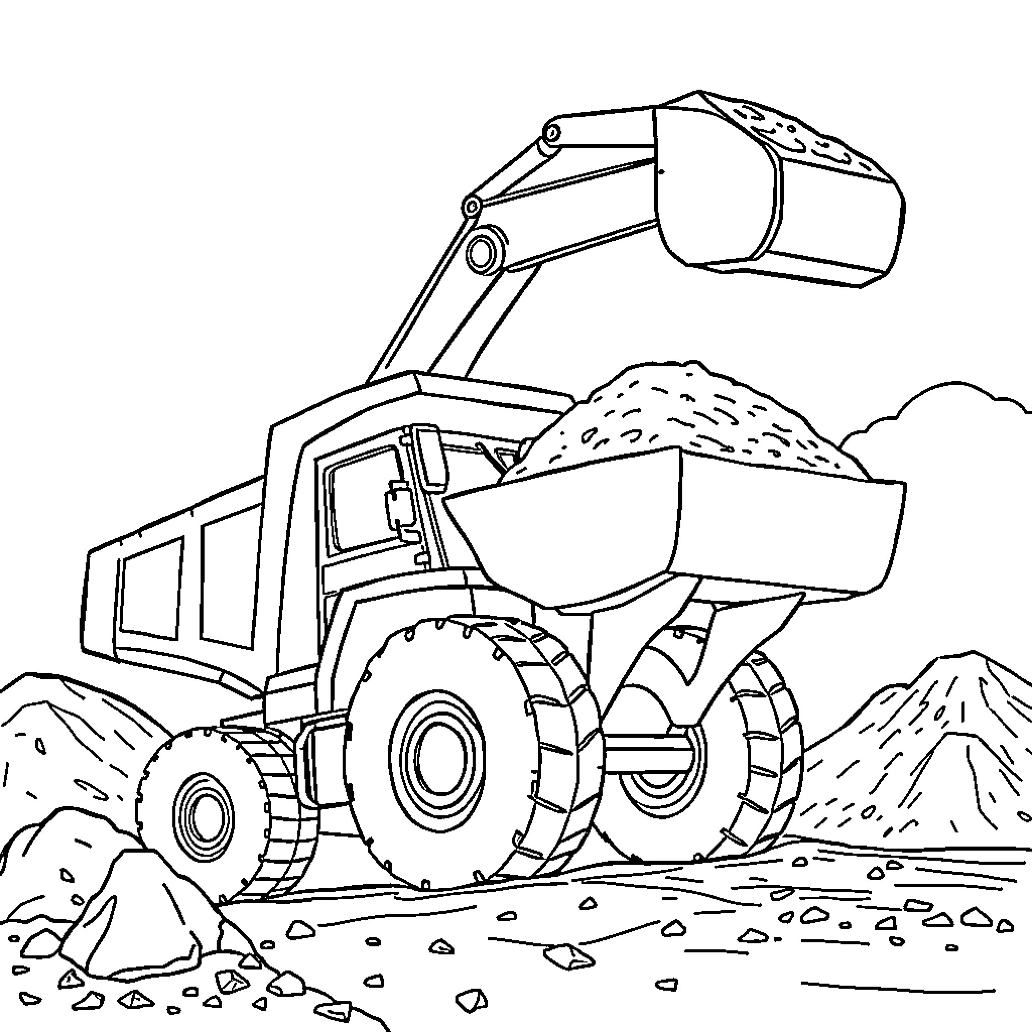 Excavator loading dirt and rocks in construction site Coloring Page (free black-and-white line drawing printable PDF for all, from beginners to advanced learners, including children, teens, adults, and seniors)