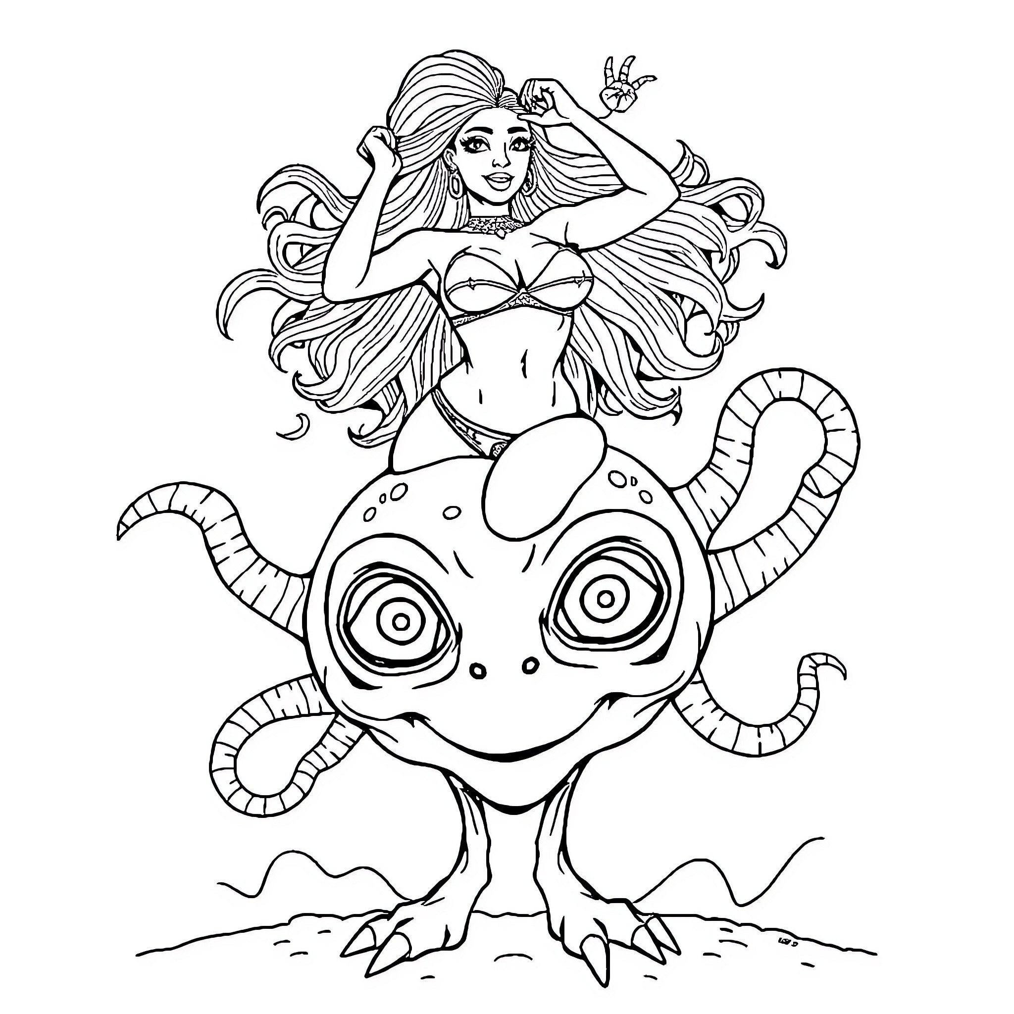 Nicky Minaj's Whimsical Mermaid and Monster Encounter Coloring Page (free black-and-white line drawing printable PDF for all, from beginners to advanced learners, including children, teens, adults, and seniors)