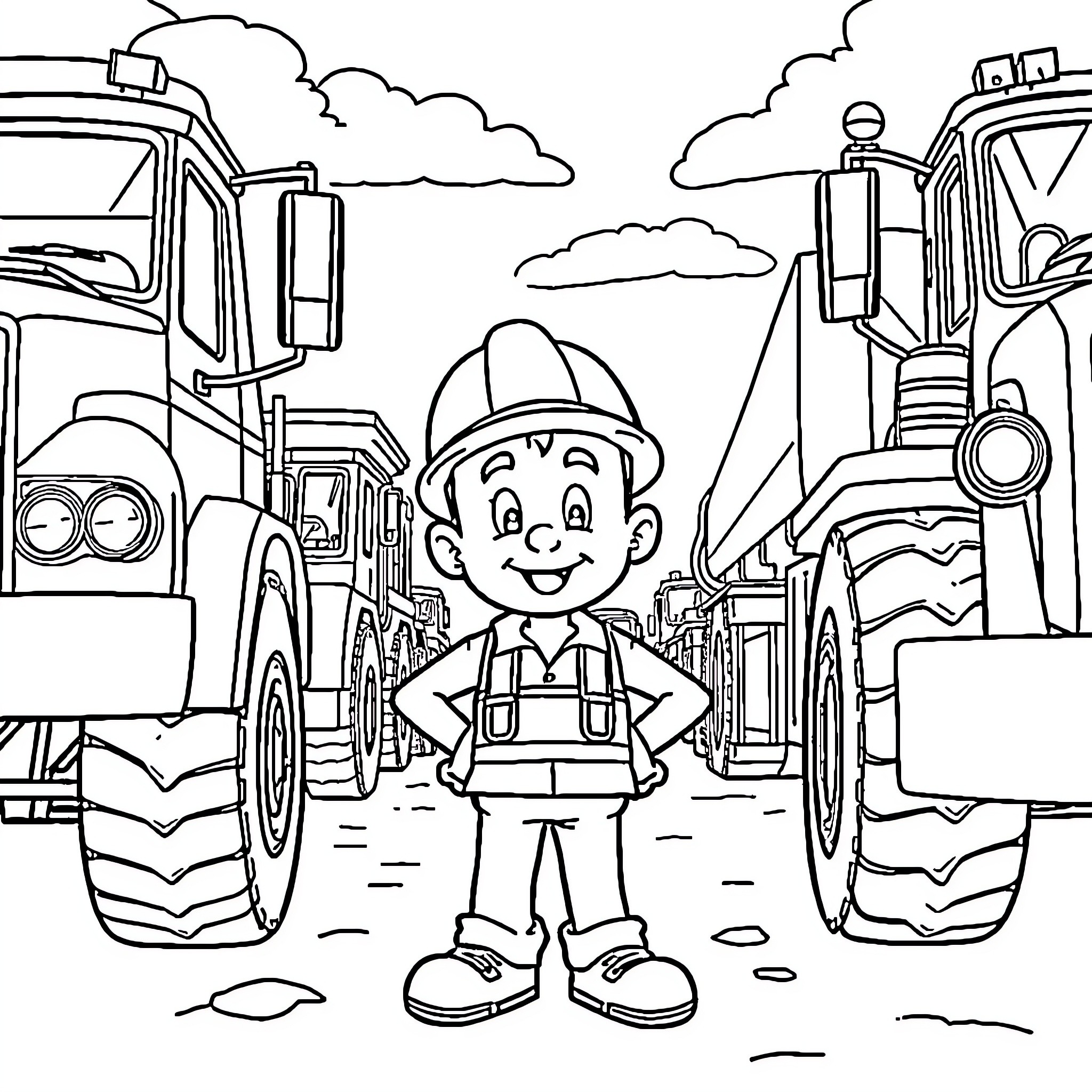 Archie the Hardworking Construction Worker Coloring Page (free black-and-white line drawing printable PDF for all, from beginners to advanced learners, including children, teens, adults, and seniors)