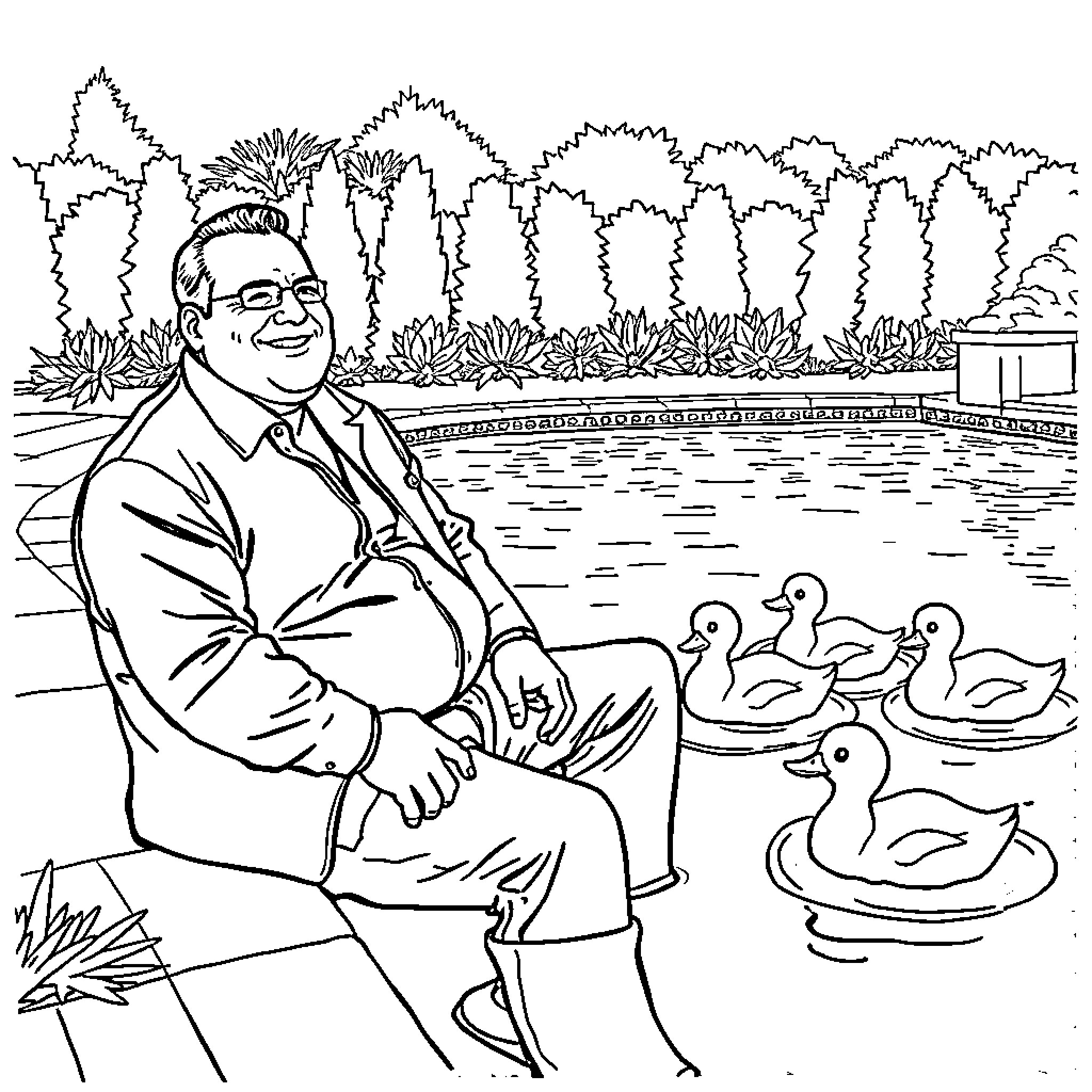 Tony Soprano relaxing by the pool with rubber duckies Coloring Page (free black-and-white line drawing printable PDF for all, from beginners to advanced learners, including children, teens, adults, and seniors)