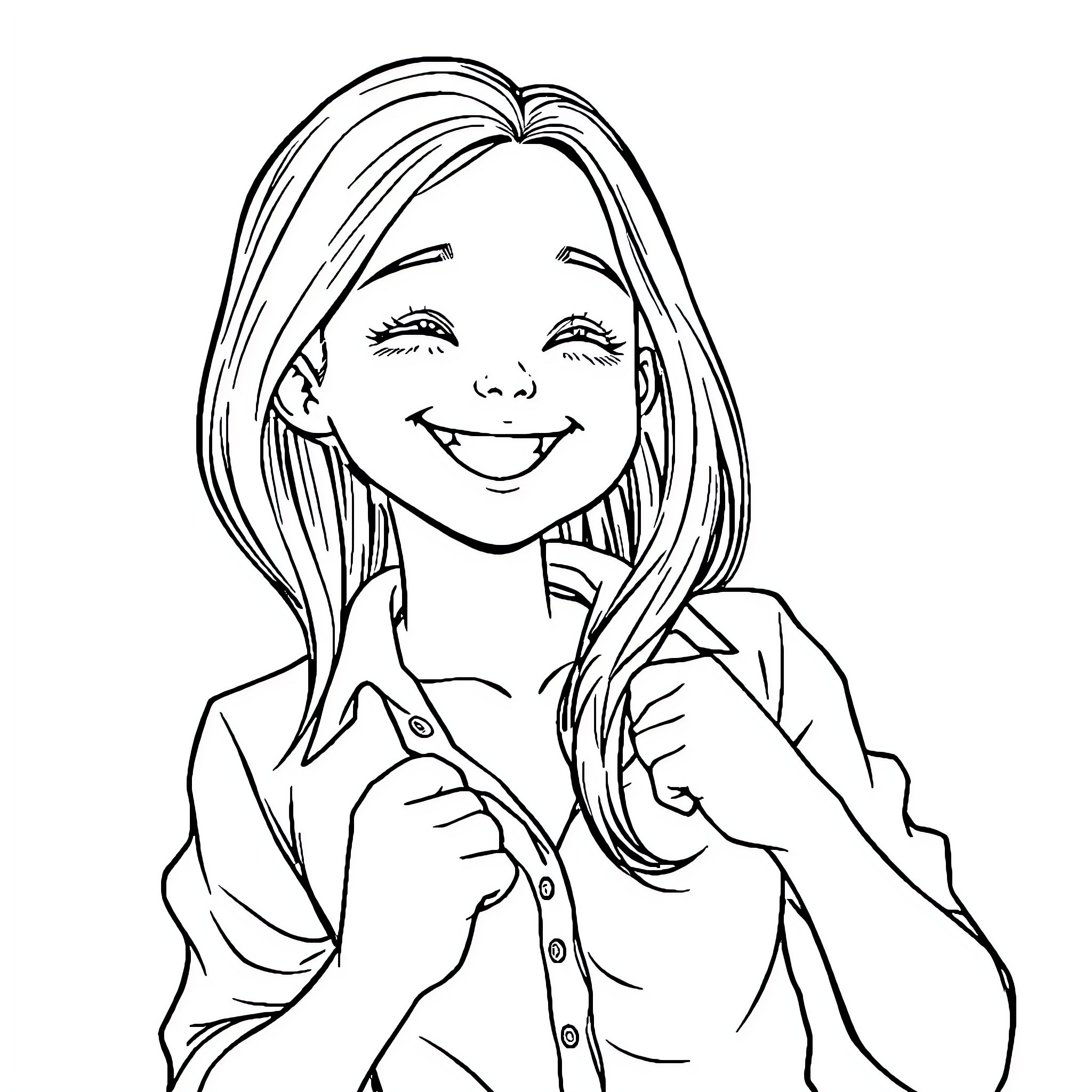 Girl Joyfully Expressing Herself Coloring Page (free black-and-white line drawing printable PDF for all, from beginners to advanced learners, including children, teens, adults, and seniors)