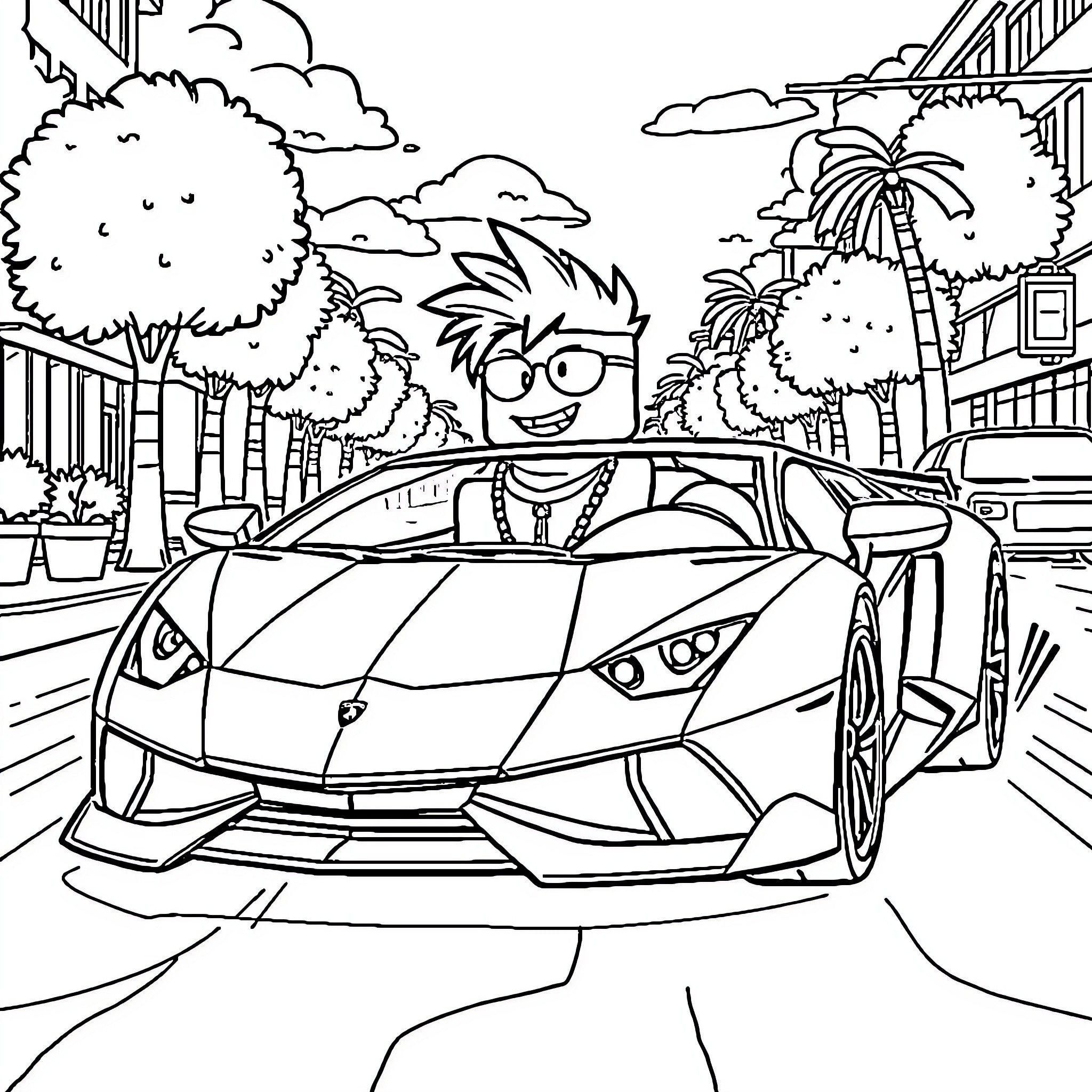 Roblox Character in Luxury Sports Car on City Street Coloring Page (free black-and-white line drawing printable PDF for all, from beginners to advanced learners, including children, teens, adults, and seniors)