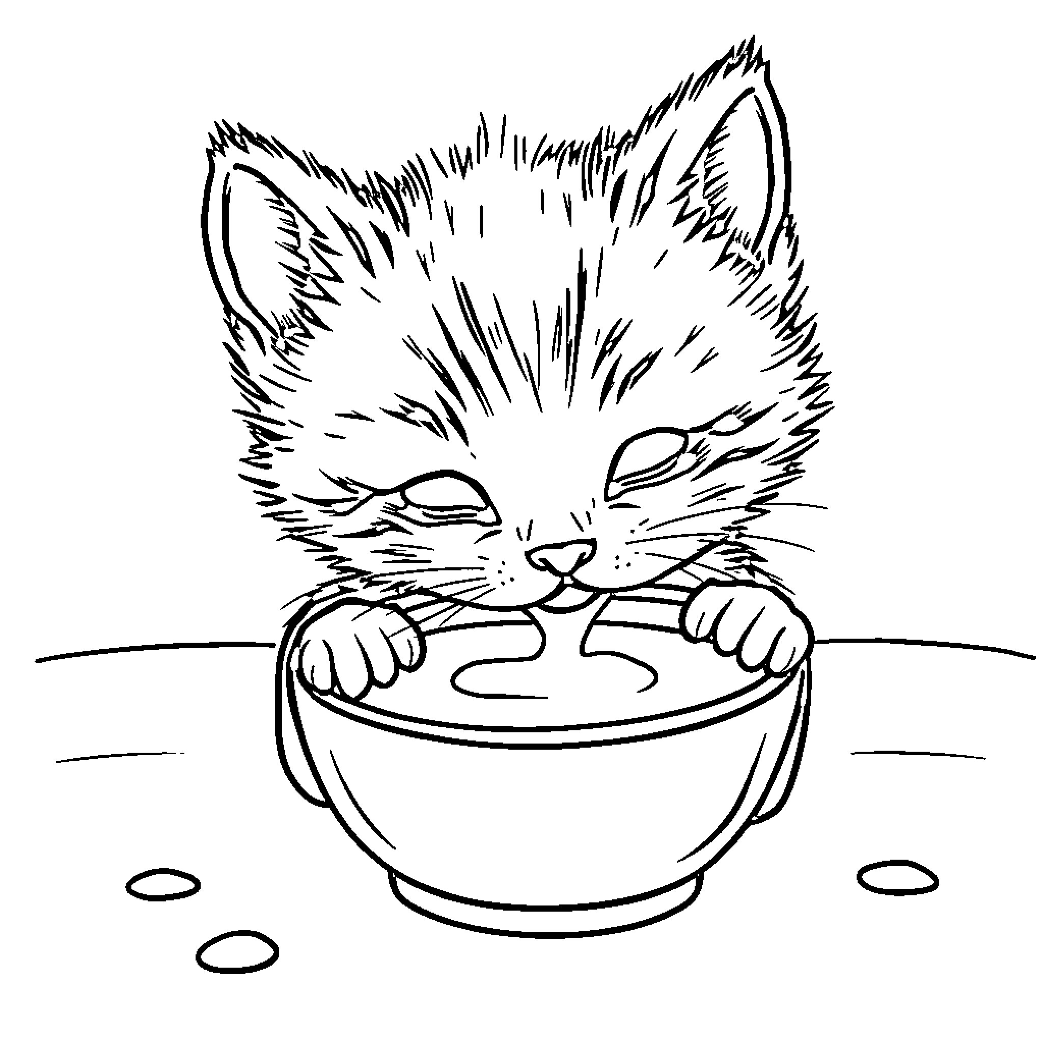 Kitten peeking into a bowl Coloring Page (free black-and-white line drawing printable PDF for all, from beginners to advanced learners, including children, teens, adults, and seniors)