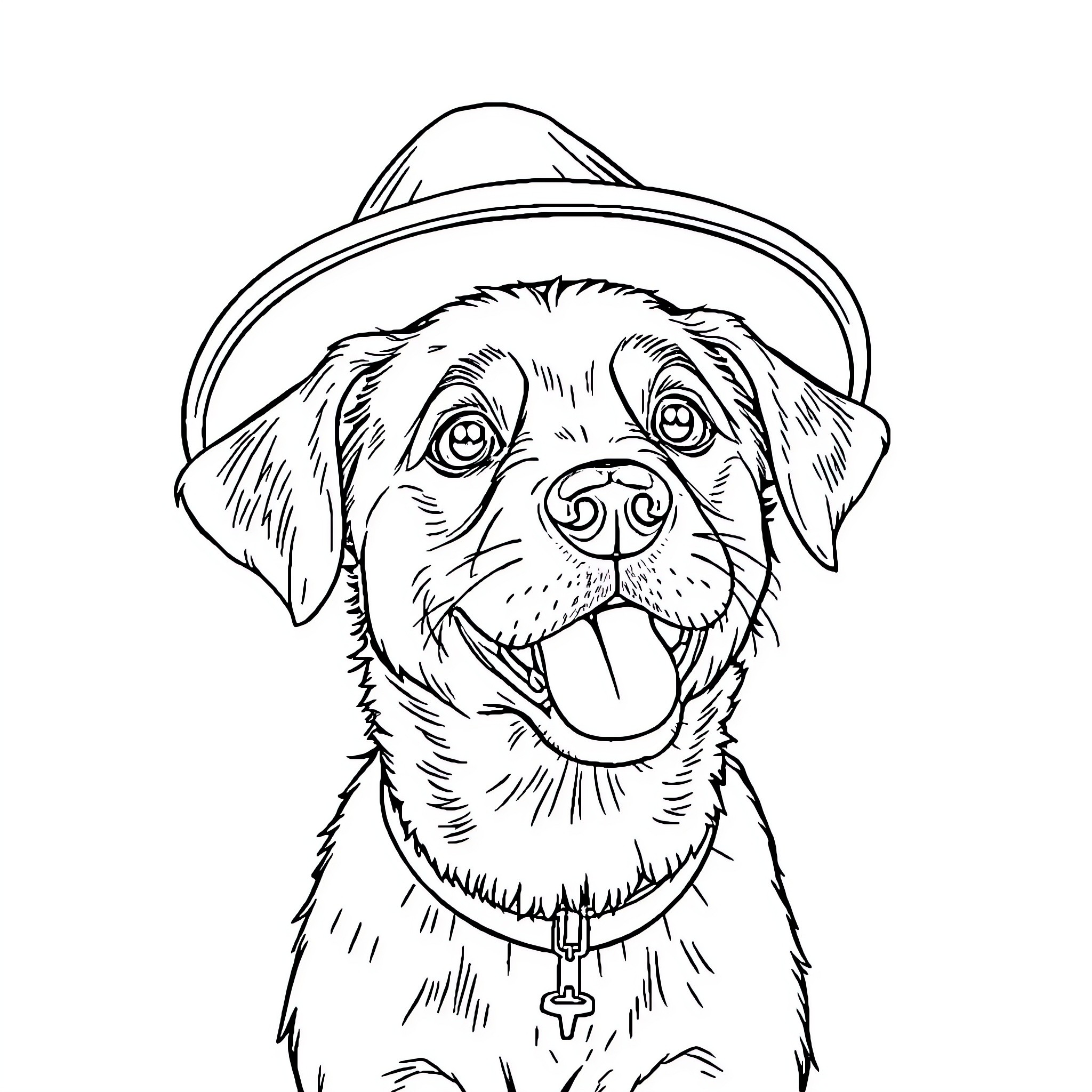 Dog wearing a hat and looking excited Coloring Page (free black-and-white line drawing printable PDF for all, from beginners to advanced learners, including children, teens, adults, and seniors)