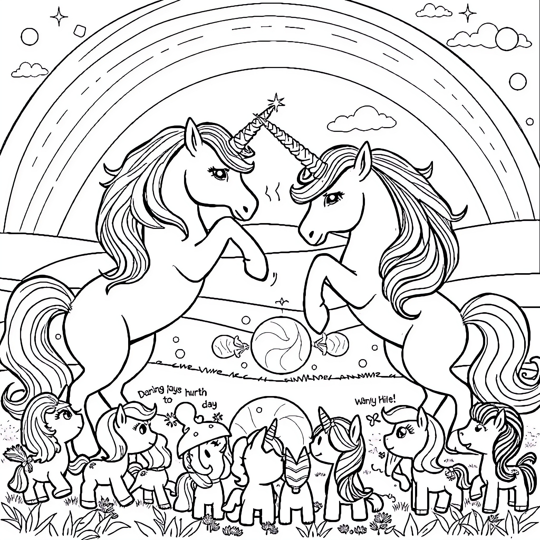 Unicorn friends in a whimsical fantasy scene Coloring Page (free black-and-white line drawing printable PDF for all, from beginners to advanced learners, including children, teens, adults, and seniors)