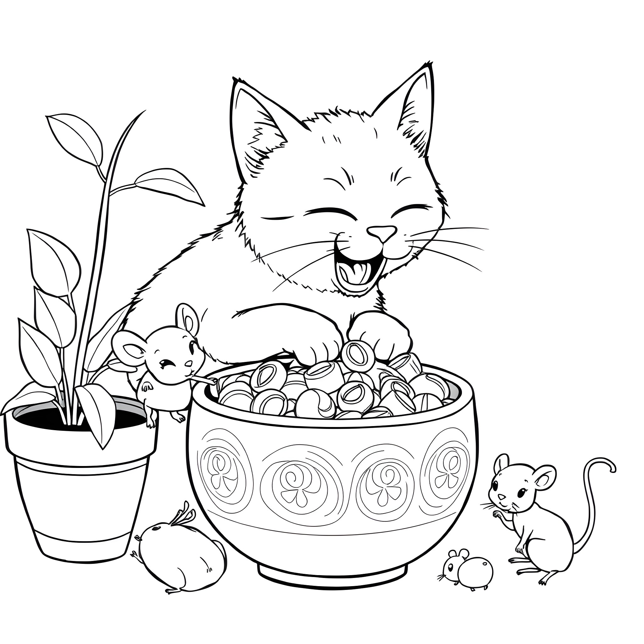 Cat Enjoying Snacks with Playful Rodents Coloring Page (free black-and-white line drawing printable PDF for all, from beginners to advanced learners, including children, teens, adults, and seniors)