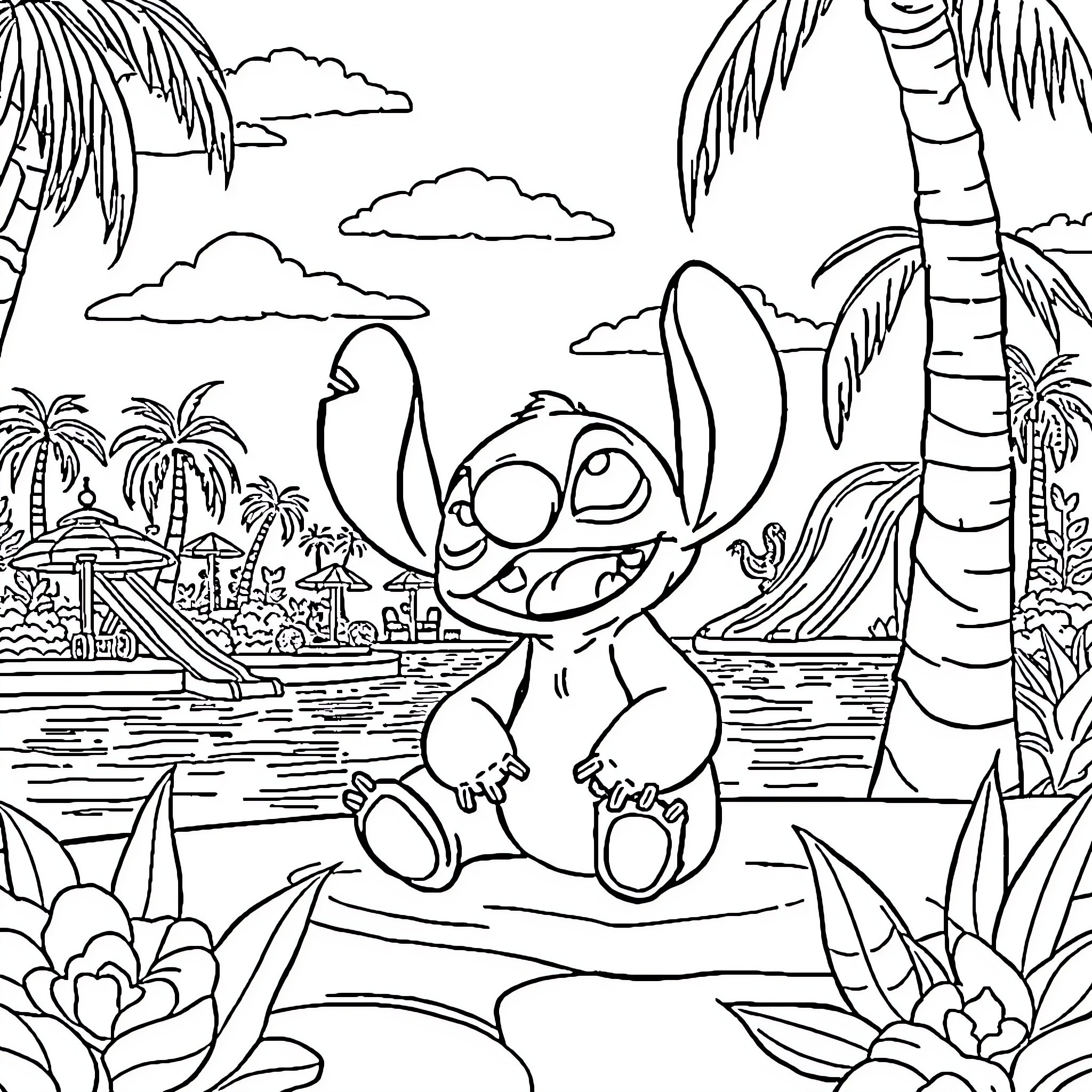 Stitch relaxing on a tropical beach Coloring Page (free black-and-white line drawing printable PDF for all, from beginners to advanced learners, including children, teens, adults, and seniors)