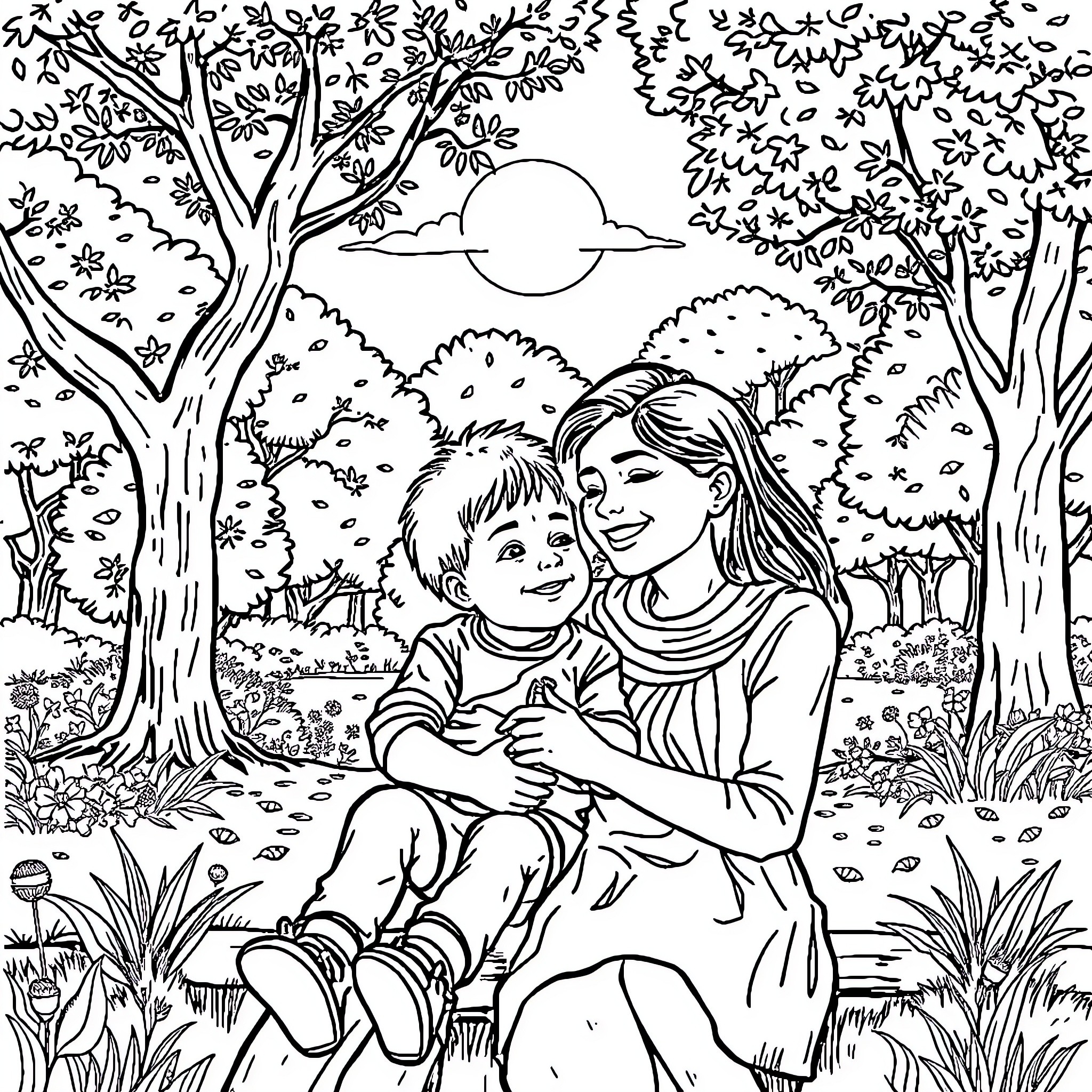 Child and adult sharing a tender moment in nature Coloring Page (free black-and-white line drawing printable PDF for all, from beginners to advanced learners, including children, teens, adults, and seniors)