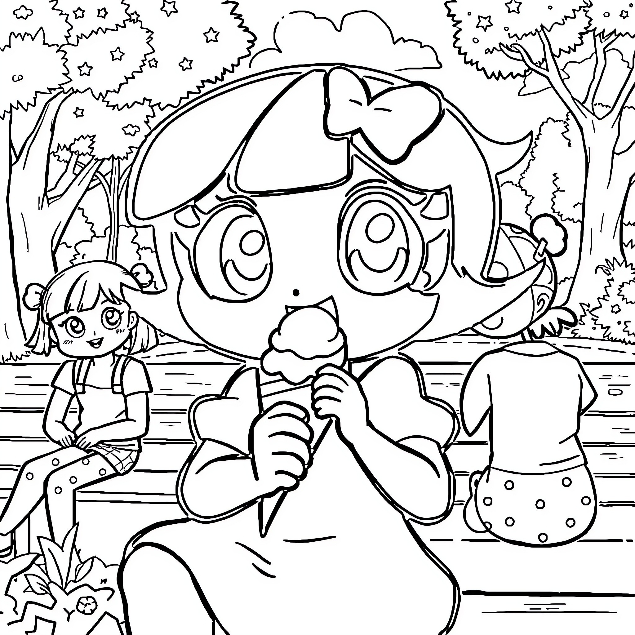 Betty Boo enjoys a whimsical forest adventure Coloring Page (free black-and-white line drawing printable PDF for all, from beginners to advanced learners, including children, teens, adults, and seniors)