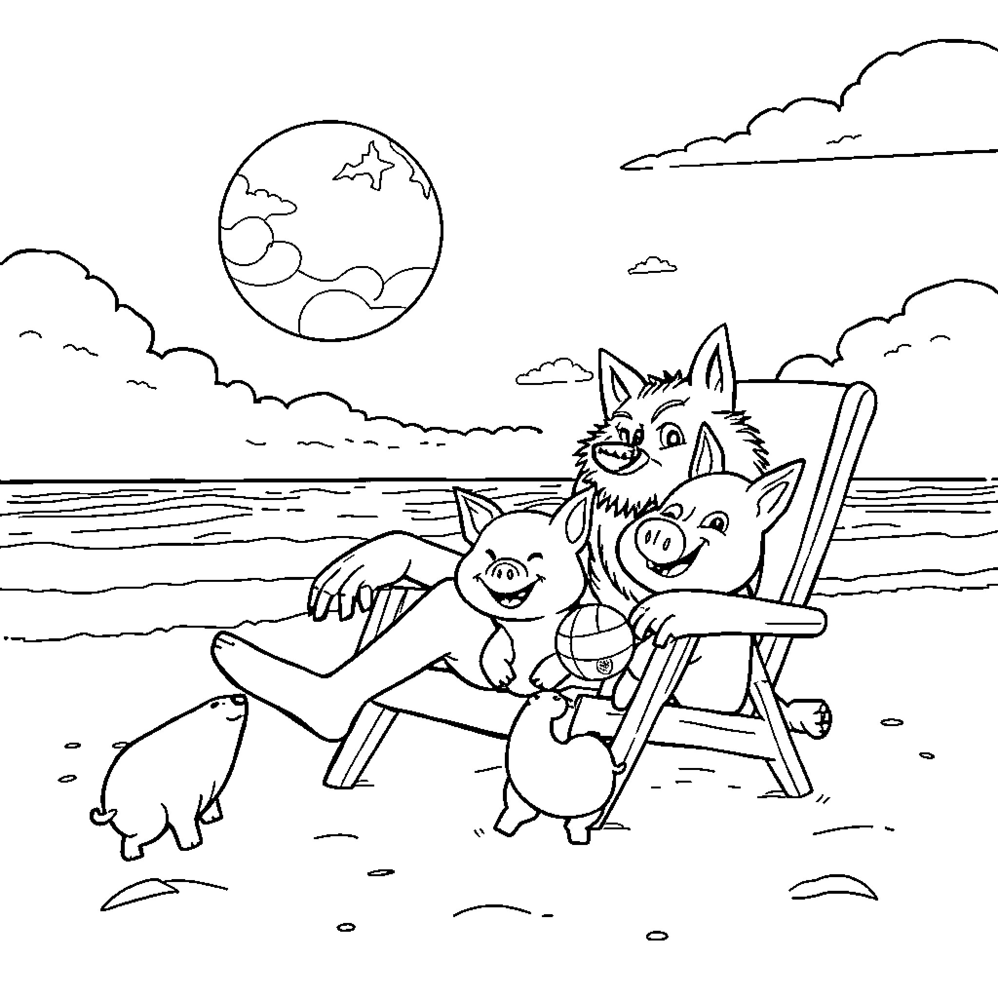 Wolf Family Relaxing at the Beach Coloring Page (free black-and-white line drawing printable PDF for all, from beginners to advanced learners, including children, teens, adults, and seniors)