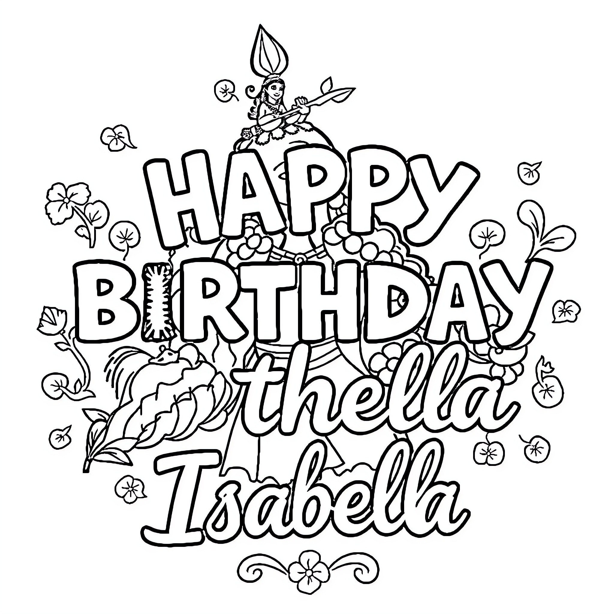 Moana's Happy Birthday Celebration with Floral Decorations Coloring Page (free black-and-white line drawing printable PDF for all, from beginners to advanced learners, including children, teens, adults, and seniors)