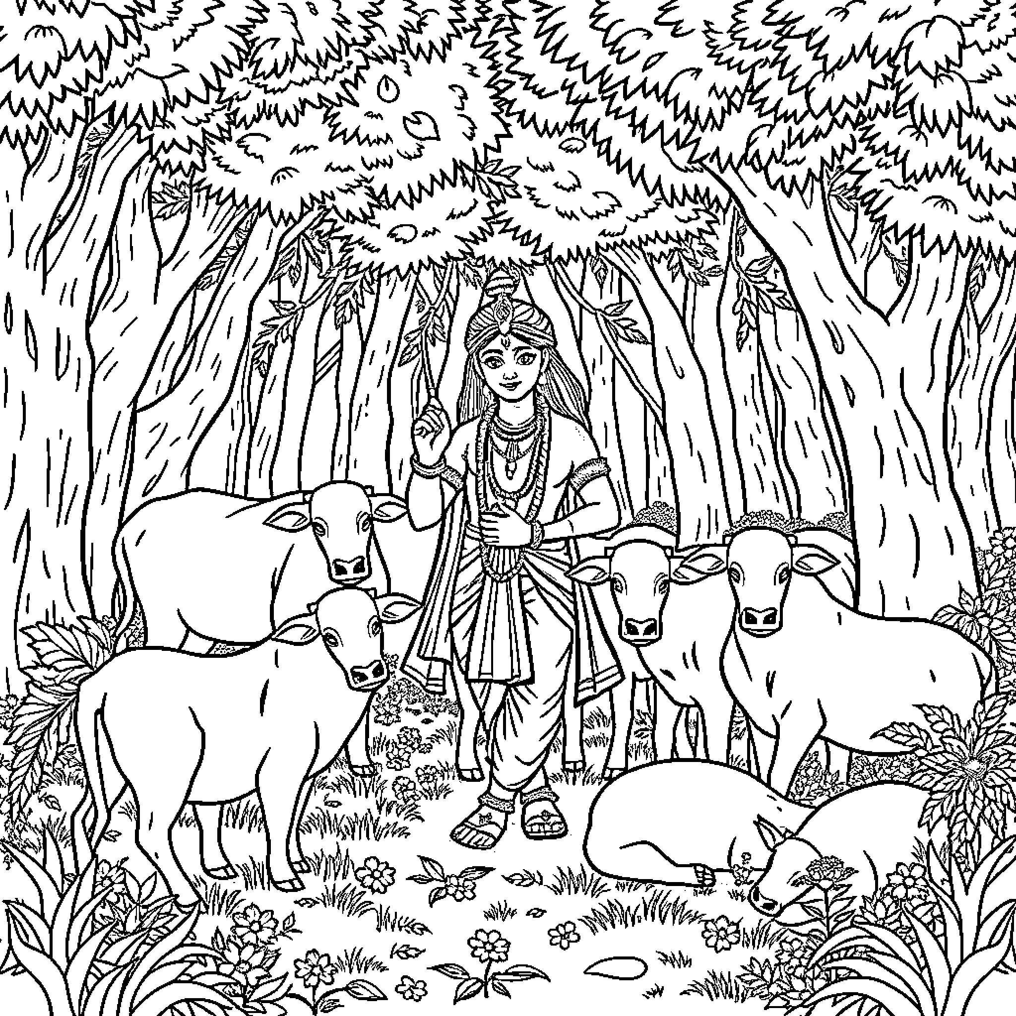 Krishna tending to his cows in the lush forest Coloring Page (free black-and-white line drawing printable PDF for all, from beginners to advanced learners, including children, teens, adults, and seniors)