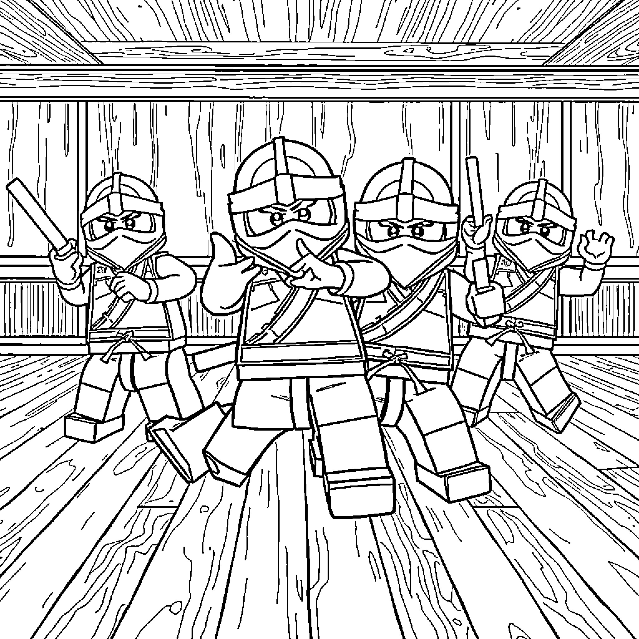 Ninjago Ninjas in Action Coloring Page Coloring Page (free black-and-white line drawing printable PDF for all, from beginners to advanced learners, including children, teens, adults, and seniors)