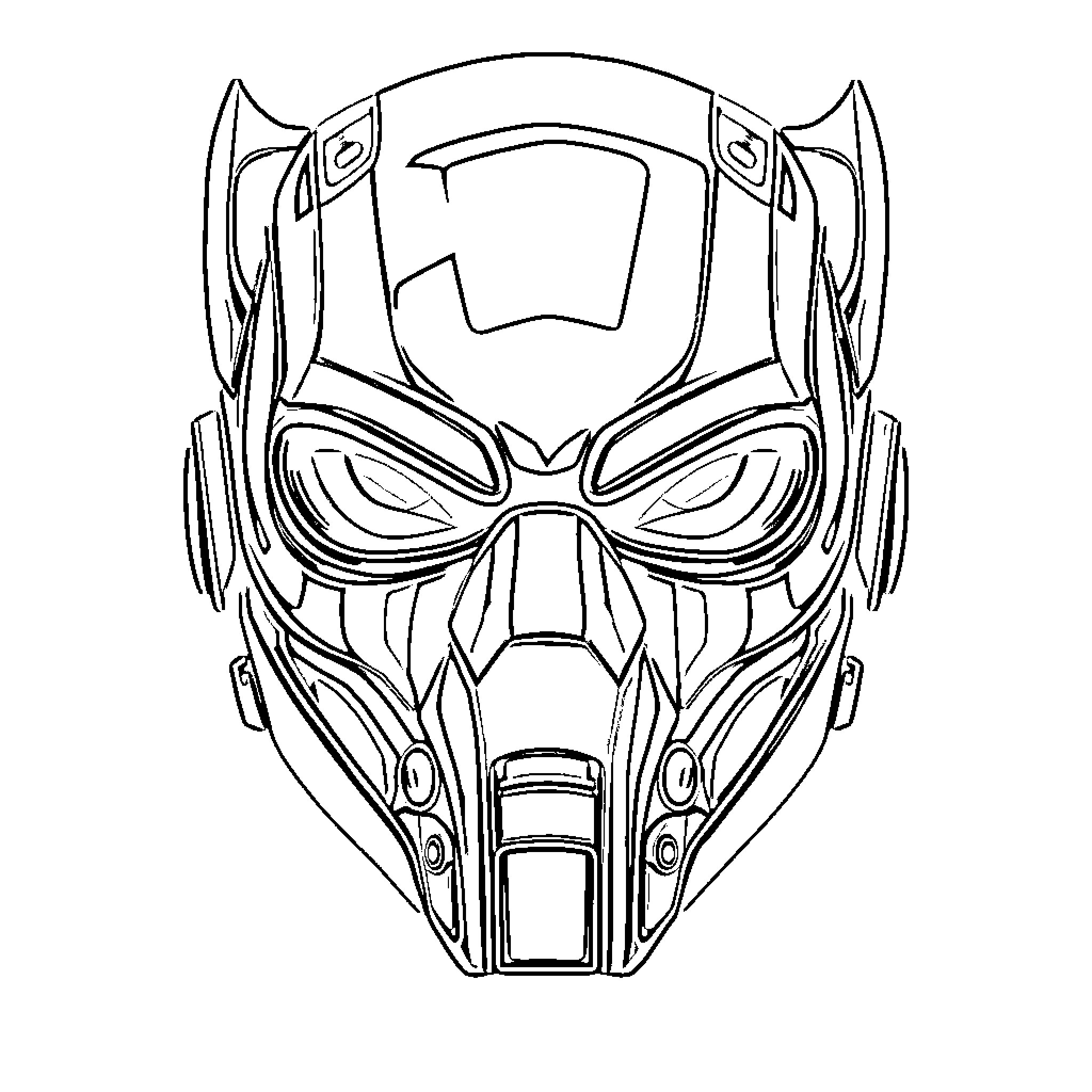 Antman's Futuristic Armored Mask Design Coloring Page (free black-and-white line drawing printable PDF for all, from beginners to advanced learners, including children, teens, adults, and seniors)
