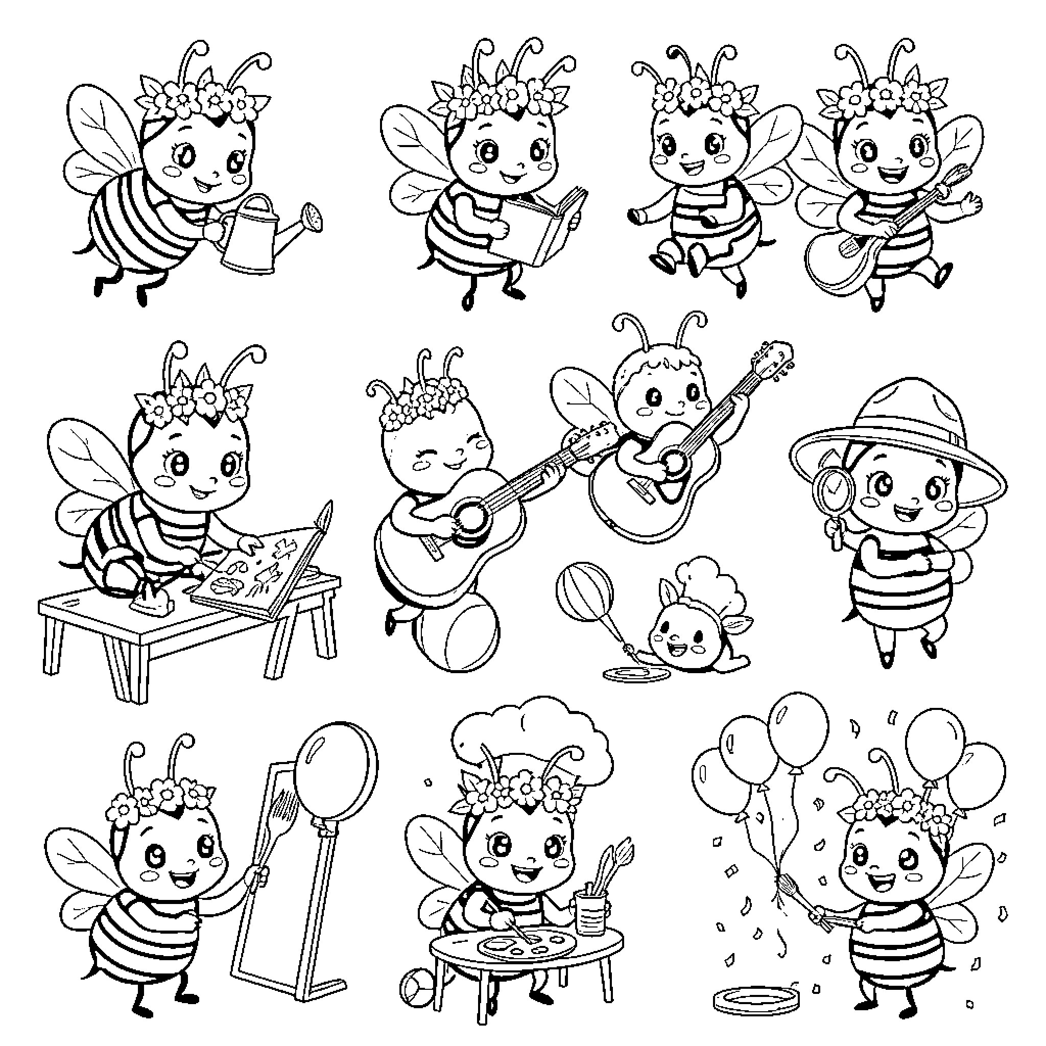 Bee engaging in various fun and creative activities Coloring Page (free black-and-white line drawing printable PDF for all, from beginners to advanced learners, including children, teens, adults, and seniors)